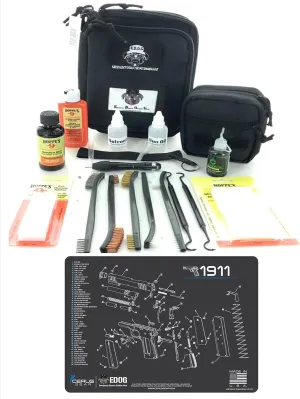 RangeMaster Elite EDC Bag Gun Cleaning Kit- Compatible for 1911 - Schematic Mat (Exploded View) with Hoppes Gun Oil No.9 Solvent & Patches Clenzoil CLP 10 Pc Cleaning Accessories Set
