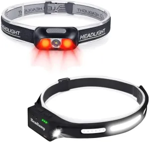 Rechargeable Headlamp 500 Lumen 5 Lighting Modes, and Type-C 500Lumen 5 Modes Rechargeable Red Headlamp for Adult Emergency, Running, Camping, Cycling