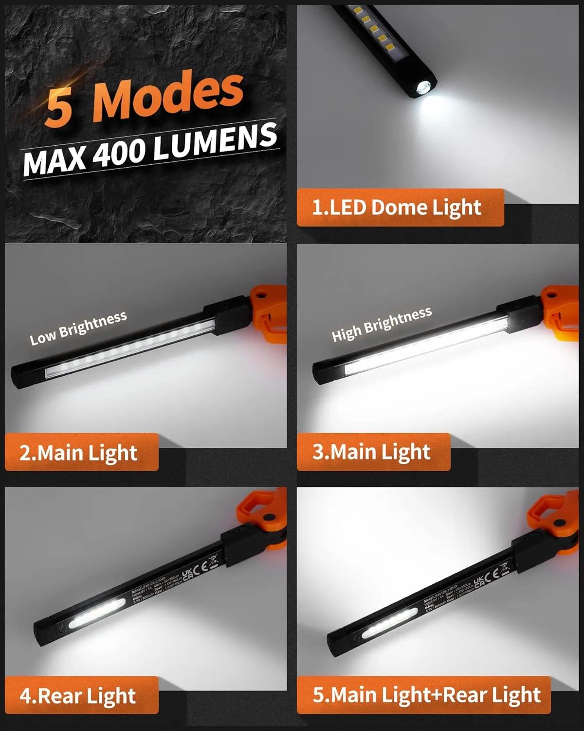 Rechargeable Mechanic Flashlight, 400LM Magnetic Led Work Light with 230 Rotate and Hook for Car Repairing, Emergency, Grill, Outdoor (2 Packs)