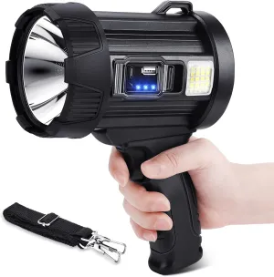 Rechargeable Spotlight, 3000 Lumens Bright LED Spotlight Flashlight, Long Running Spot Light Searchlight, Outdoor Handheld Spotlights with Solar Panels for Hunting,Camping,Boat,6 Spotlight Modes