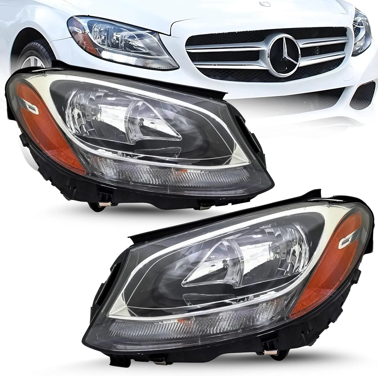 Replacement For Mercedes C300, C350e, C400, C450 AMG, C43/c63 AMG 2015-2020 Headlight Assembly with Bulbs Left&Right Side, 205906710264 205906720264 / MB2502220 MB2503220,