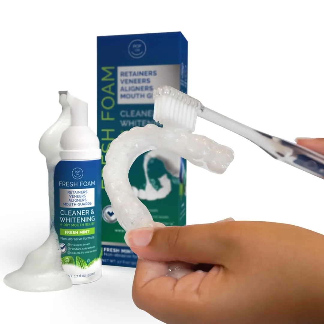 Retainer Cleaning Bundle by Pop On - 30 Retainer Cleaner Tablets, 1 Aligner Cleaner Fresh Foam, 1 Soft Bristle Toothbrush, 1 Mirror Case for Mouth Guards, Night Guards, Invisalign, Veneers, Dentures