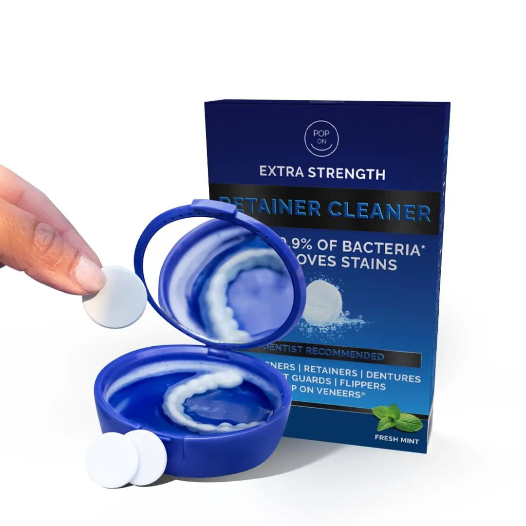 Retainer Cleaning Bundle by Pop On - 30 Retainer Cleaner Tablets, 1 Aligner Cleaner Fresh Foam, 1 Soft Bristle Toothbrush, 1 Mirror Case for Mouth Guards, Night Guards, Invisalign, Veneers, Dentures