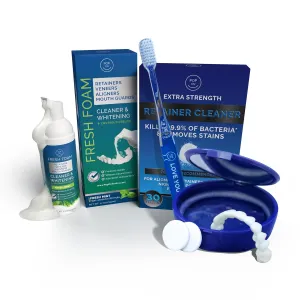 Retainer Cleaning Bundle by Pop On - 30 Retainer Cleaner Tablets, 1 Aligner Cleaner Fresh Foam, 1 Soft Bristle Toothbrush, 1 Mirror Case for Mouth Guards, Night Guards, Invisalign, Veneers, Dentures