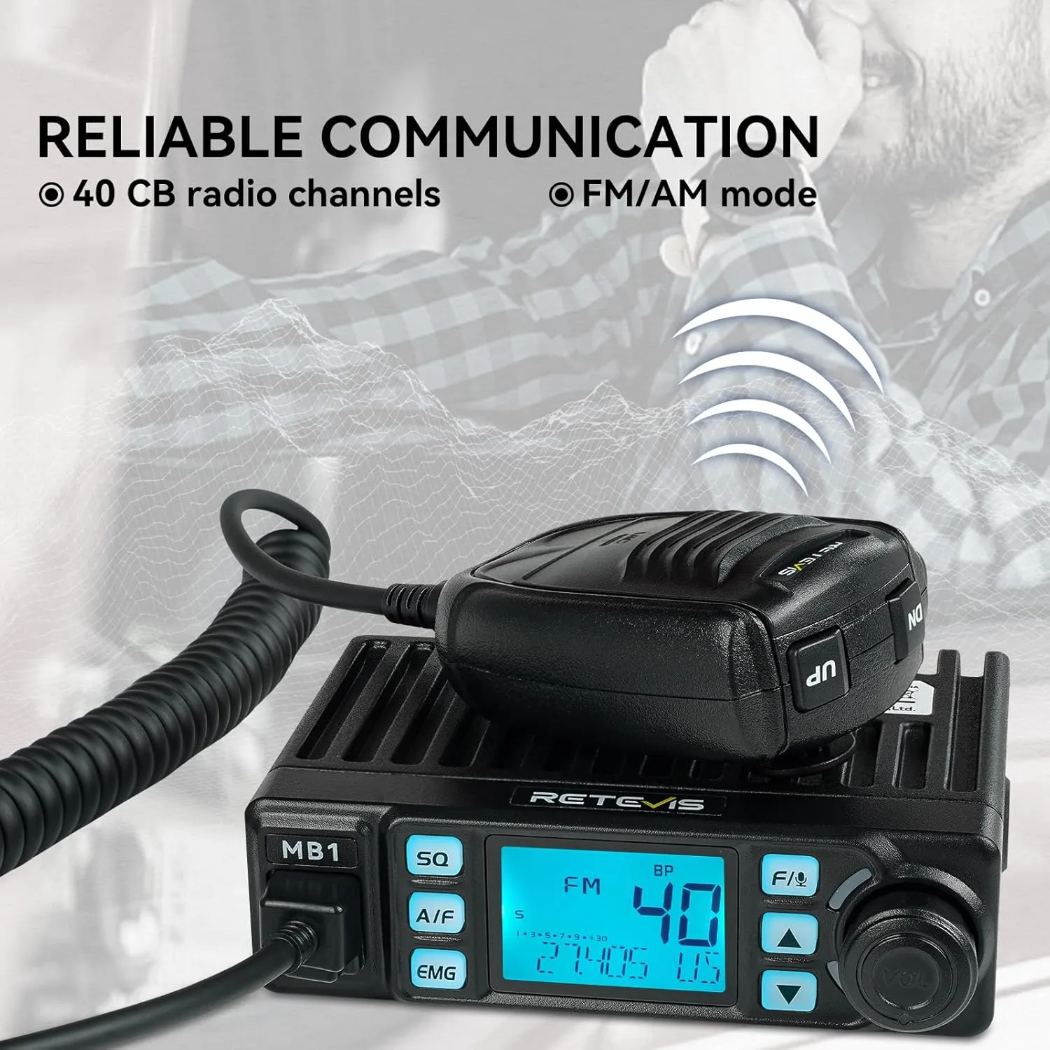 Retevis MB1 AM/FM CB Radio, 40 CH CB Mobile Radio with 45 Inch CB Antenna, Instant Channel 9/19, 7-Color Screen, Auto-Scan, Trucker Essentials