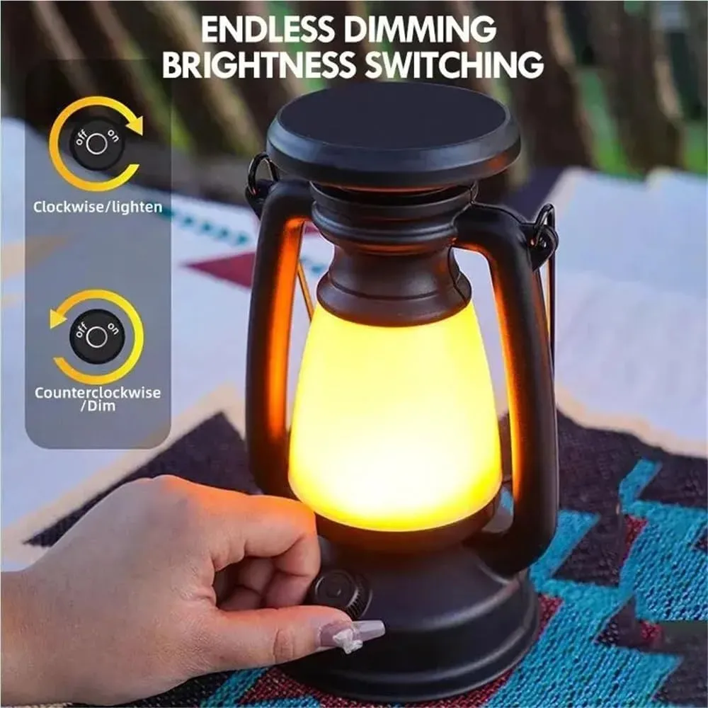 Retro Solar Camping Lights USB Rechargeable Portable Lantern Waterproof Outdoor Hanging Emergency Tent Atmosphere Horse Lamp(Black-No Solar)