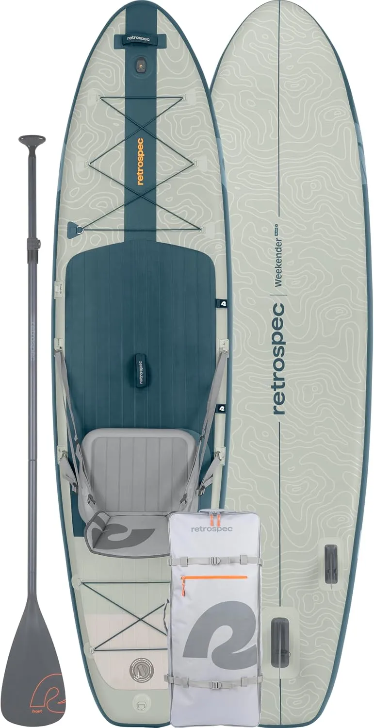 Retrospec Weekender Plus 10' Inflatable Stand Up Paddleboard Double Layer PVC iSUP Bundle w/Carrying case, 3 Piece Adjustable Aluminum Paddle, 3 Removable fins, Pump, and Cell Phone case