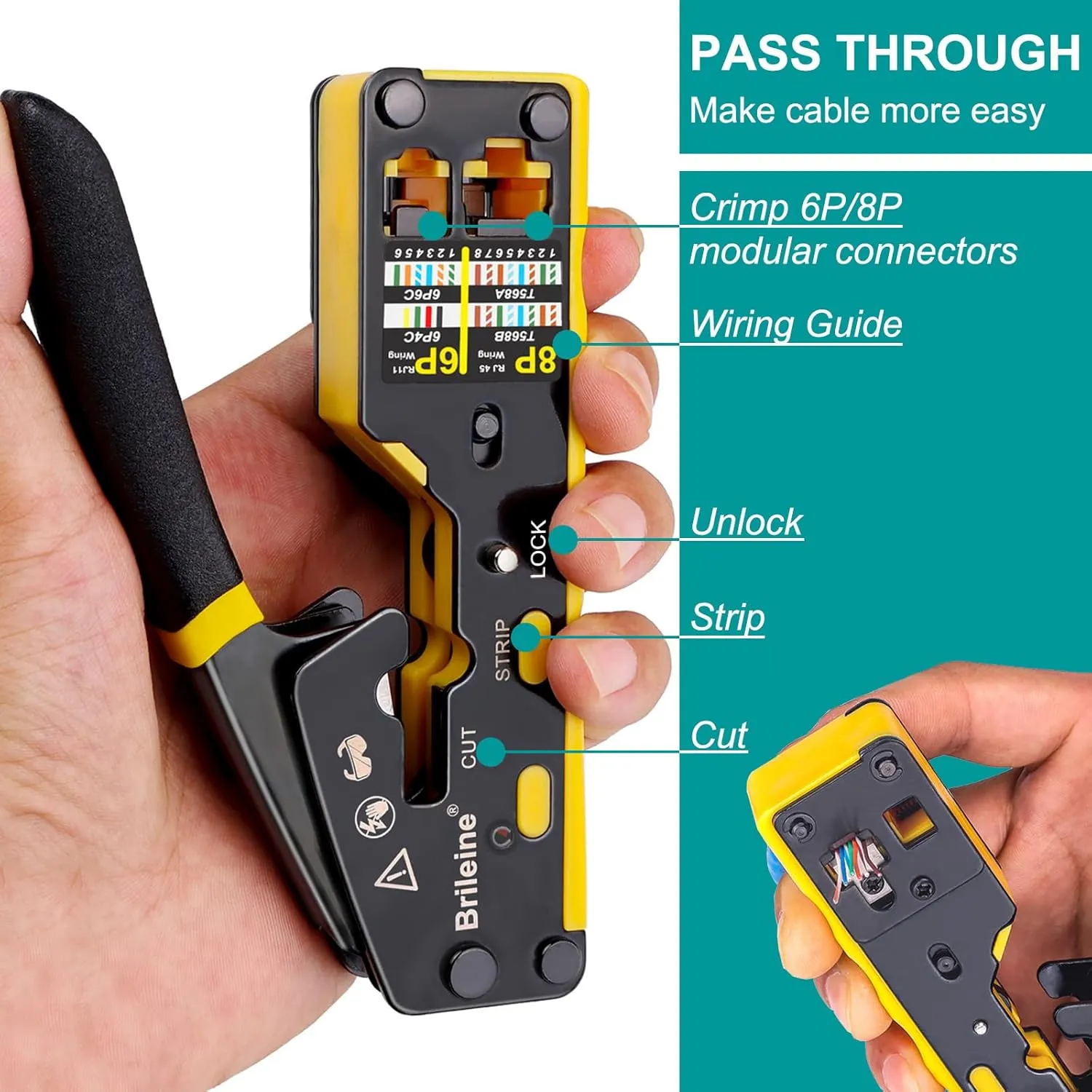 RJ45 Crimp Tool Pass Through Kit Ethernet Crimper Cat5 Cat5e Cat6 Crimping Tool for RJ11/RJ12 6P/8P with Network Lan Cable Tester, 50PCS Cat6 Connectors, 50PCS Boots, Mini Cable Stripper