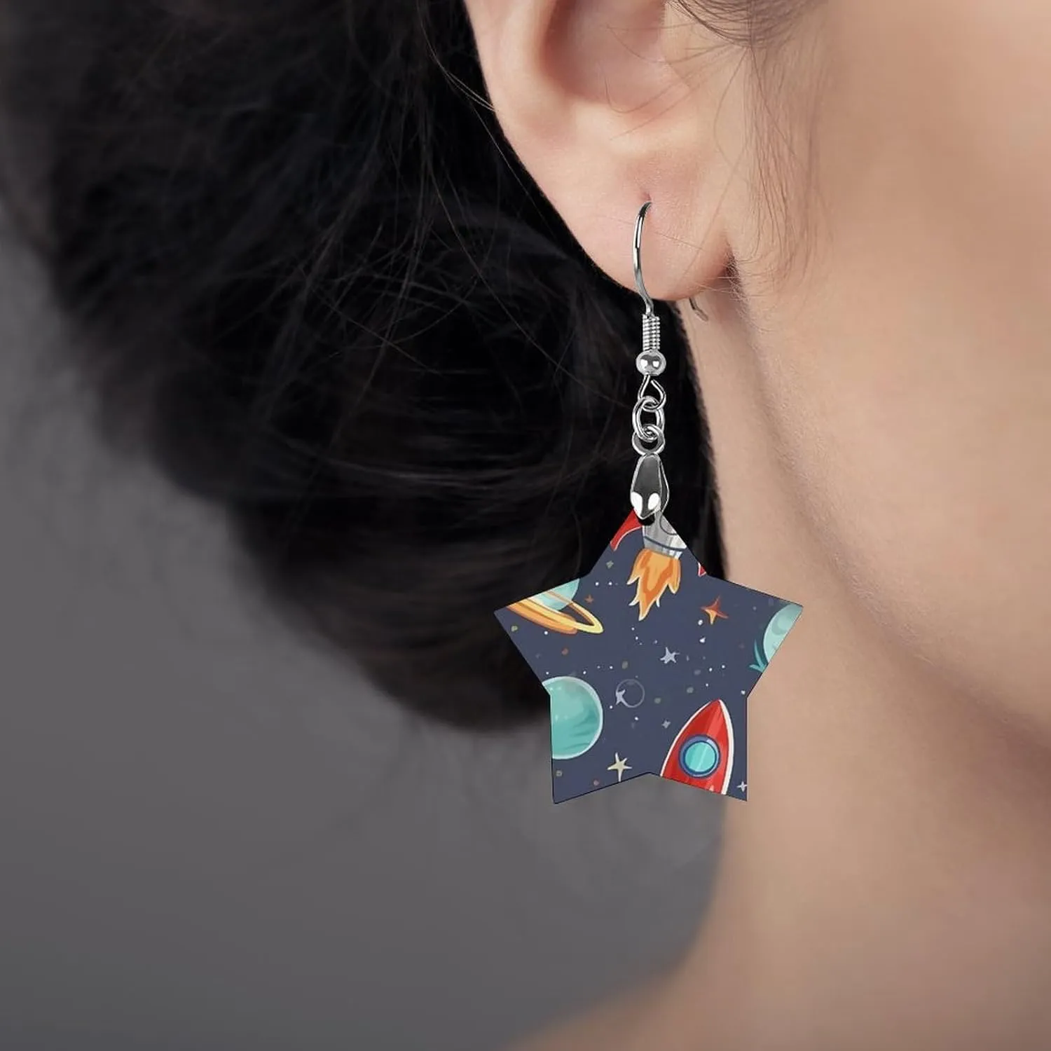 Rocket Clipart Space Ship Wooden Earrings Jewelry Gifts, Lightweight Vintage Natural Wood Pendants Classic Artistic Wooden Earring Hooks for Women