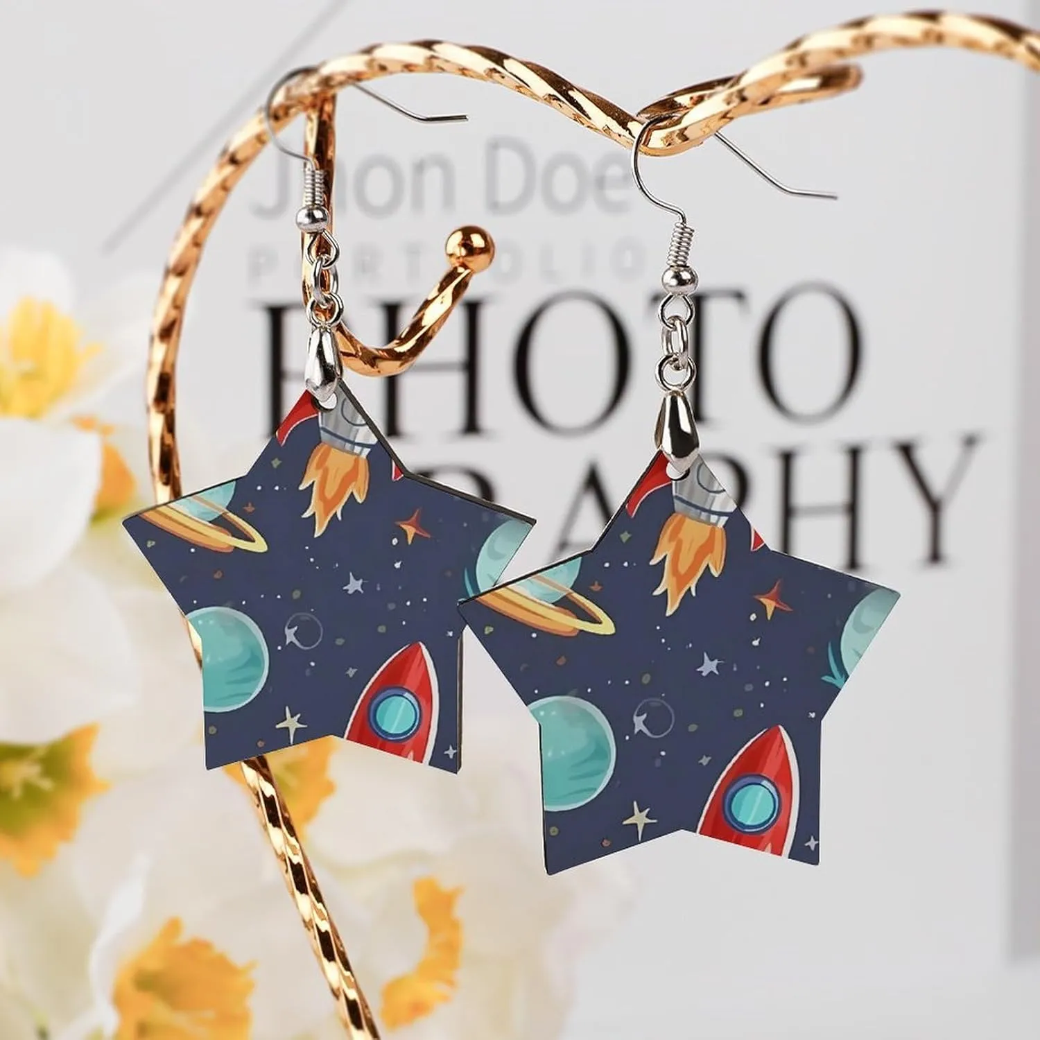 Rocket Clipart Space Ship Wooden Earrings Jewelry Gifts, Lightweight Vintage Natural Wood Pendants Classic Artistic Wooden Earring Hooks for Women