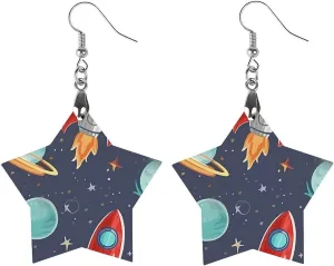 Rocket Clipart Space Ship Wooden Earrings Jewelry Gifts, Lightweight Vintage Natural Wood Pendants Classic Artistic Wooden Earring Hooks for Women