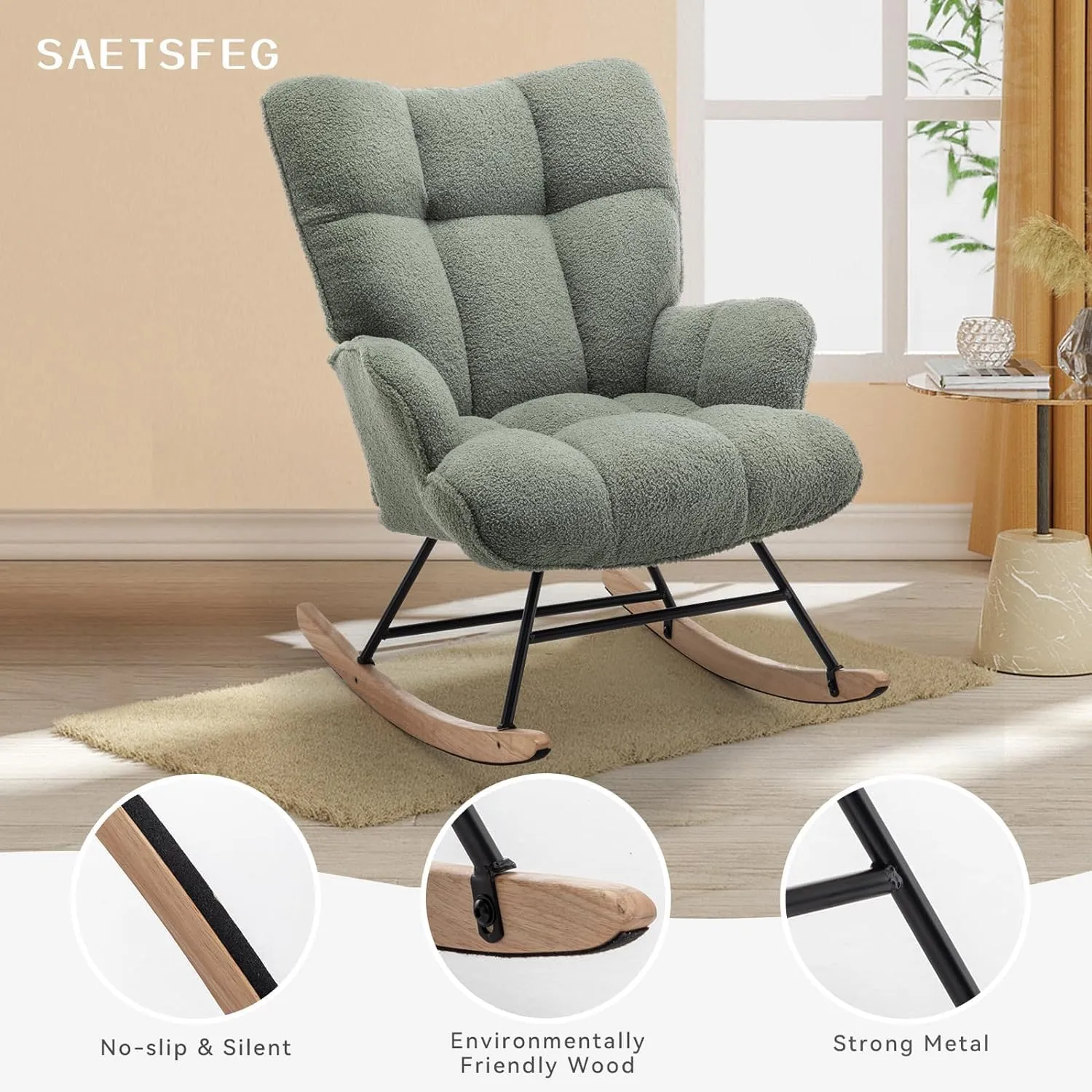 Rocking Chair Nursery Teddy, Upholstered Baby Fluffy Glider Rocker for Adults Small Spaces Indoor, Comfy Sherpa Compact Nursing Chairs for Living Room, Bedroom, Classroom, Green