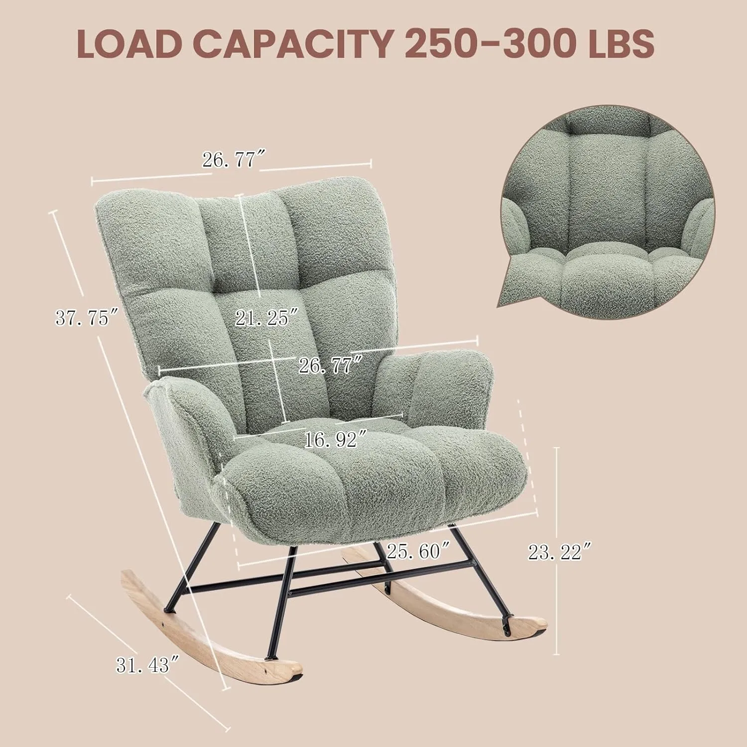 Rocking Chair Nursery Teddy, Upholstered Baby Fluffy Glider Rocker for Adults Small Spaces Indoor, Comfy Sherpa Compact Nursing Chairs for Living Room, Bedroom, Classroom, Green