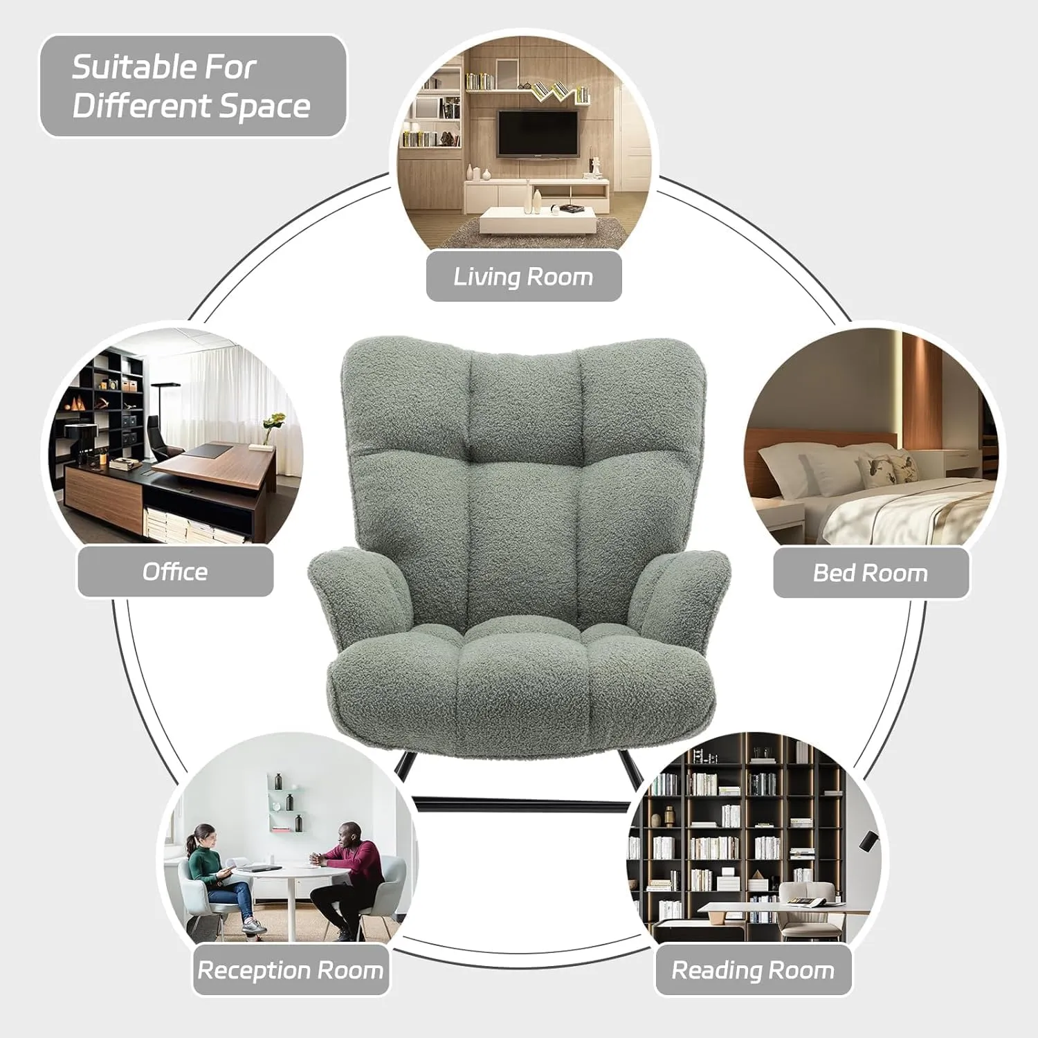 Rocking Chair Nursery Teddy, Upholstered Baby Fluffy Glider Rocker for Adults Small Spaces Indoor, Comfy Sherpa Compact Nursing Chairs for Living Room, Bedroom, Classroom, Green