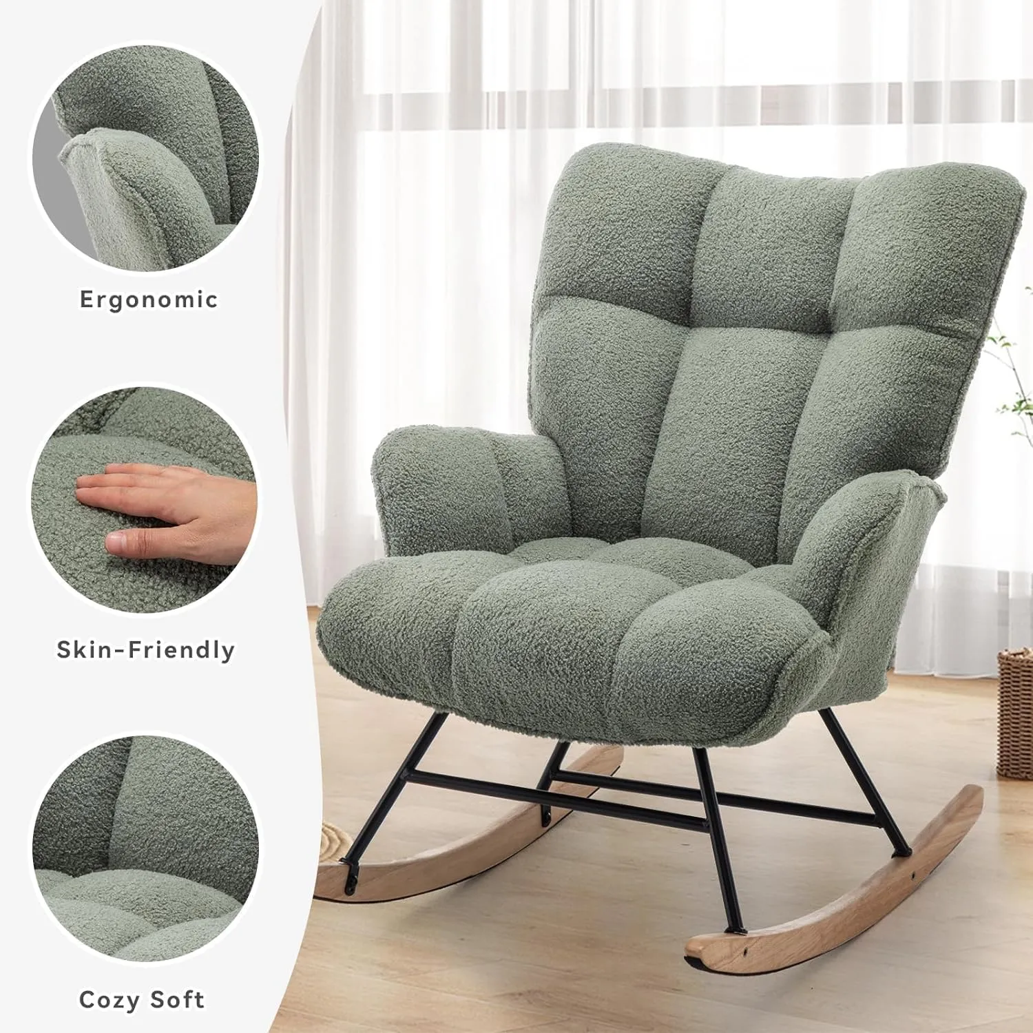 Rocking Chair Nursery Teddy, Upholstered Baby Fluffy Glider Rocker for Adults Small Spaces Indoor, Comfy Sherpa Compact Nursing Chairs for Living Room, Bedroom, Classroom, Green