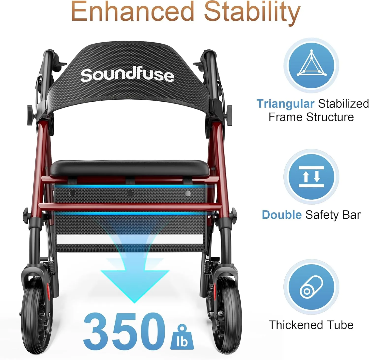 Rollator Walkers with Seat for Seniors, Foldable 8" Big Wheels All Terrain Rolling Walker, Handles and Ergonomic Seat Height Adjustable, 350 lb, FSA HSA Eligible