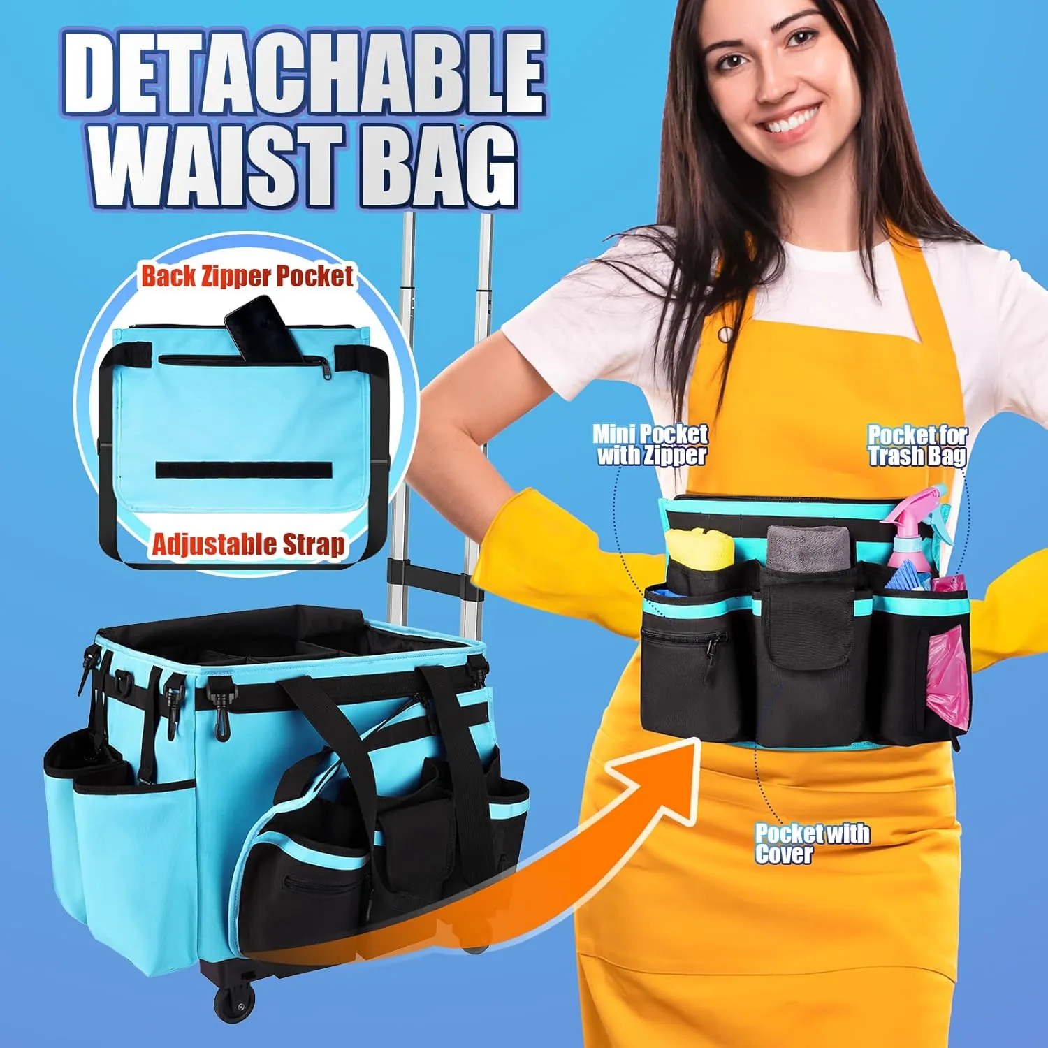 Rolling Cleaning Organizer Bag, 40L Capacity Large Cleaning Tote Caddy Organizer with Handle, Trolley Cleaning Caddy with Wheels for Cleaning Supplies(Lit Blue)