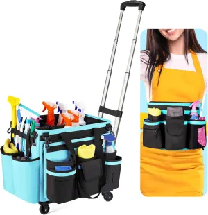 Rolling Cleaning Organizer Bag, 40L Capacity Large Cleaning Tote Caddy Organizer with Handle, Trolley Cleaning Caddy with Wheels for Cleaning Supplies(Lit Blue)