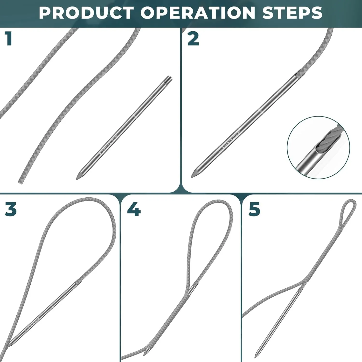 Rope Splicing Tool Kit, Rope Splicing FID Kit for Double Braid Eye Line,Stainless Steel Line Braiding Set Tool Include 5 Sizes (0.16-0.47") Fids and 1pcs Pusher(Silver)