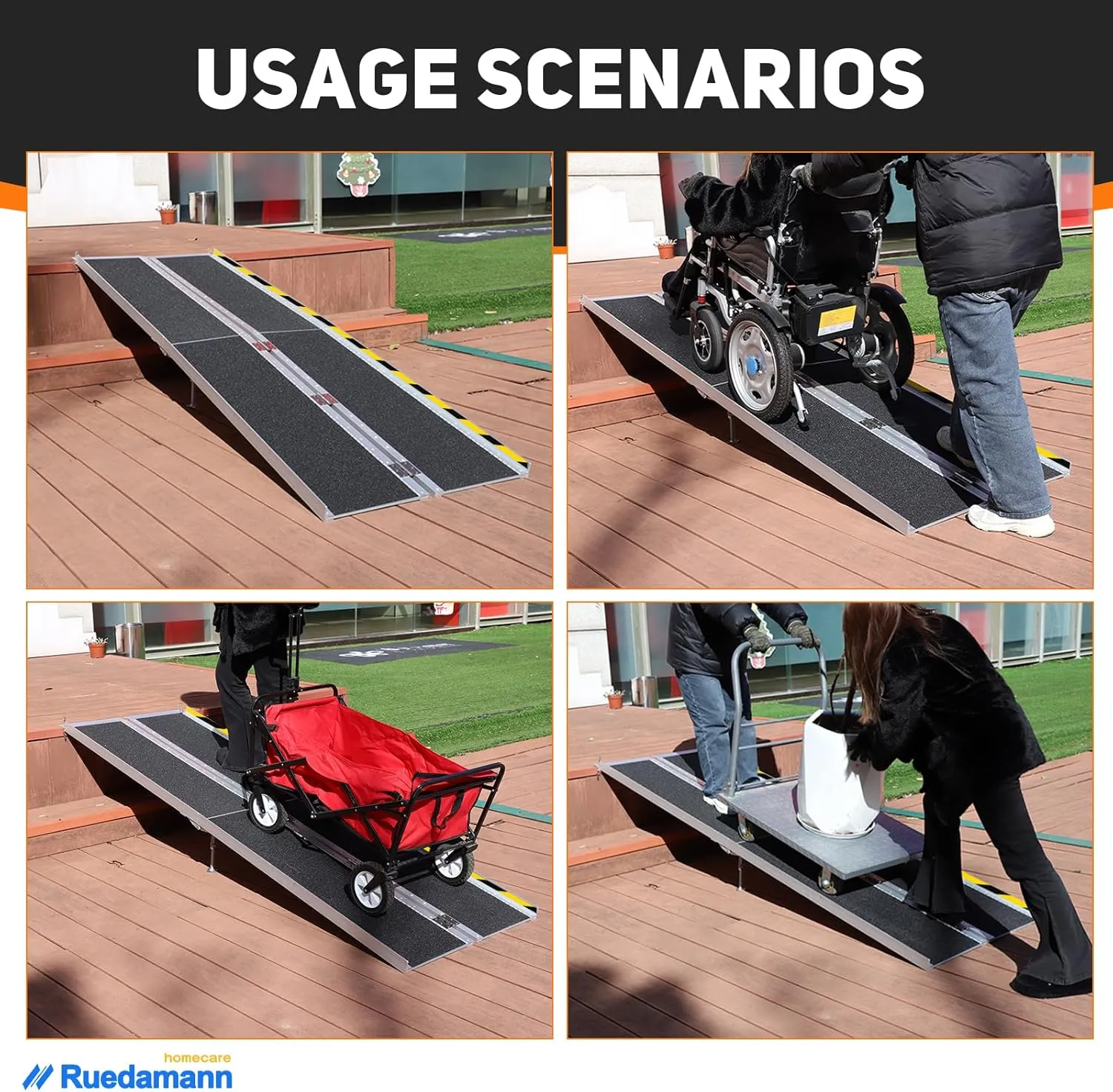 Ruedamann 8FT Wheelchair Ramp, 600Lbs Capacity, Non-Slip Threshold Ramp, Portable Aluminum Folding Handicap Ramp, Wider Design, Mobility Ramp for Home, Wheelchairs, Steps, Stairs, Doorways, Curbs