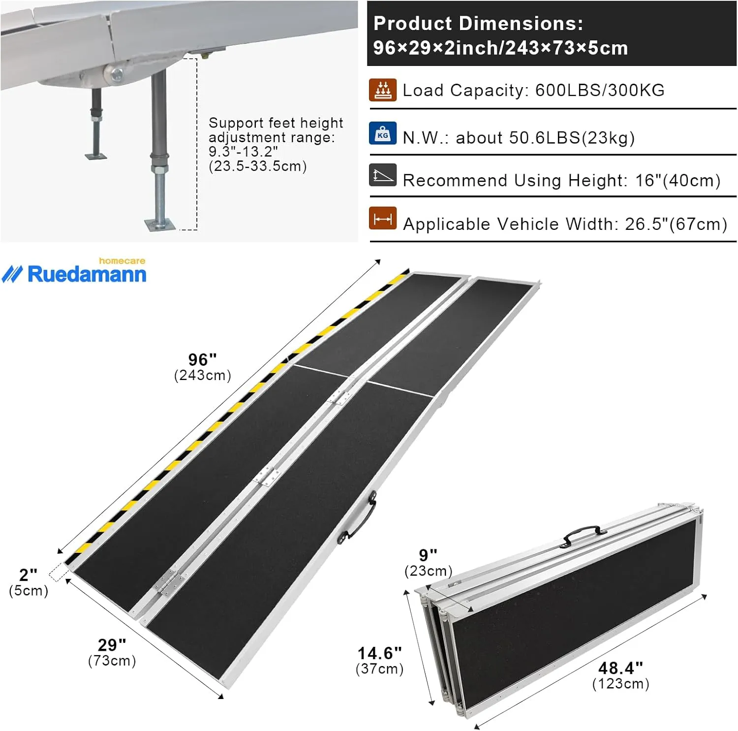Ruedamann 8FT Wheelchair Ramp, 600Lbs Capacity, Non-Slip Threshold Ramp, Portable Aluminum Folding Handicap Ramp, Wider Design, Mobility Ramp for Home, Wheelchairs, Steps, Stairs, Doorways, Curbs