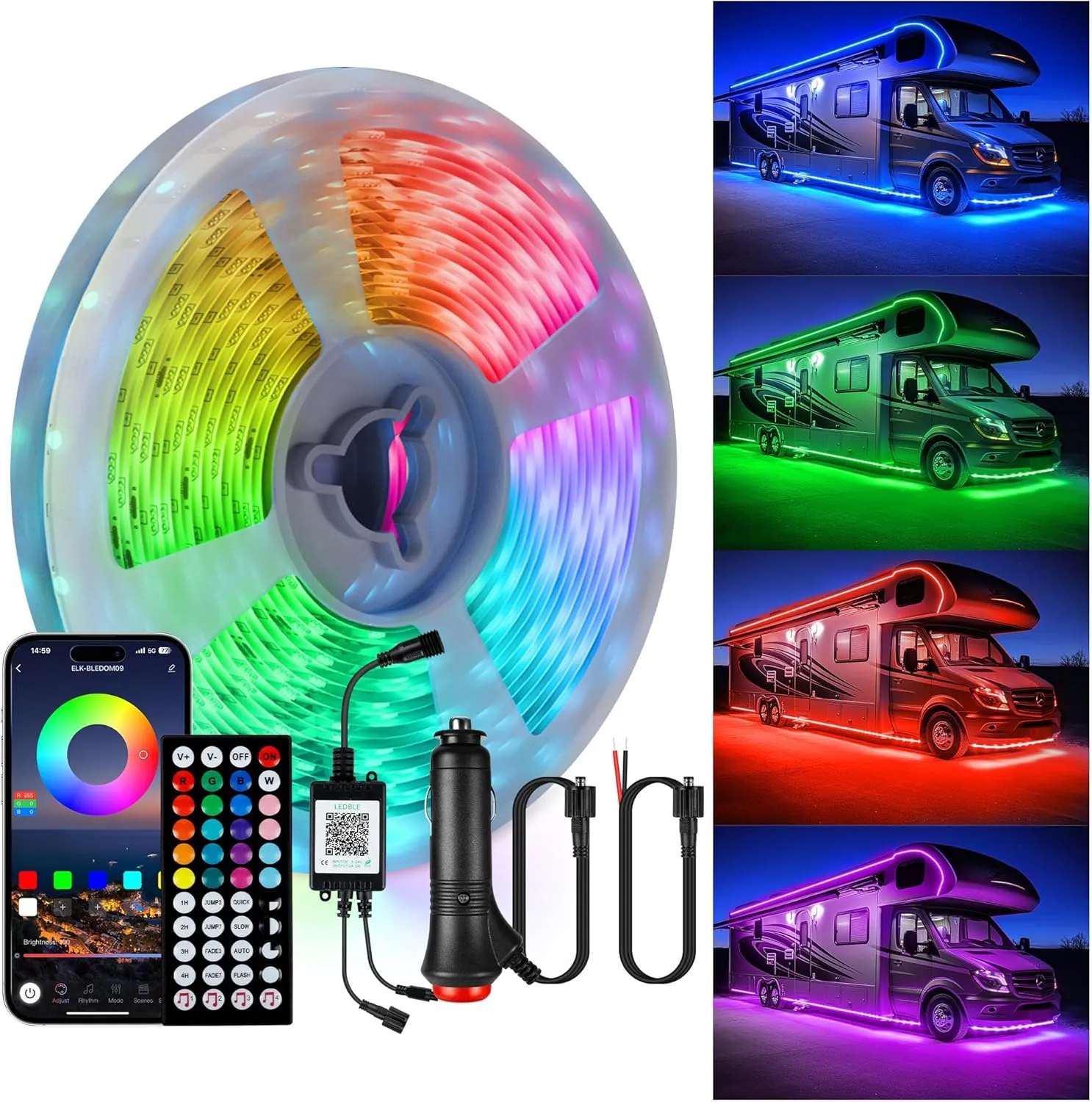 RV Awning Lights, 20ft 12V LED Light Strip with Remote and App Control, Waterproof RGB RV Exterior Light for Motorhome Camper Travel Trailers Food Trucks, RV Outdoor Lights