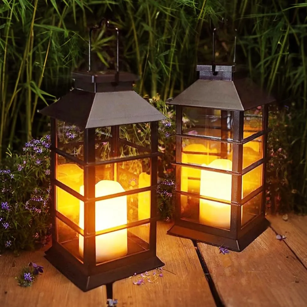 Rynx | 2 Pack Outdoor Solar Lights Waterproof Decorative Hanging Solar-Powered Lights For Outdoor Small Table Lamps Flickering Flameless Led Lantern For Garden Patio Porch Black Xmax Christmas Tree Lights