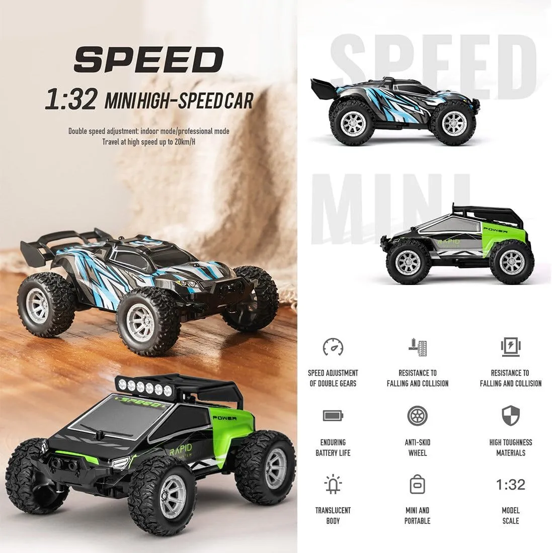 S658 1/32 Scale Off-Road RC Drift Car, 2.4Ghz 4WD Full Proportional Electric RC Off-Road Car with Lights Kit, Surprising Present for Hobbyists - RTR