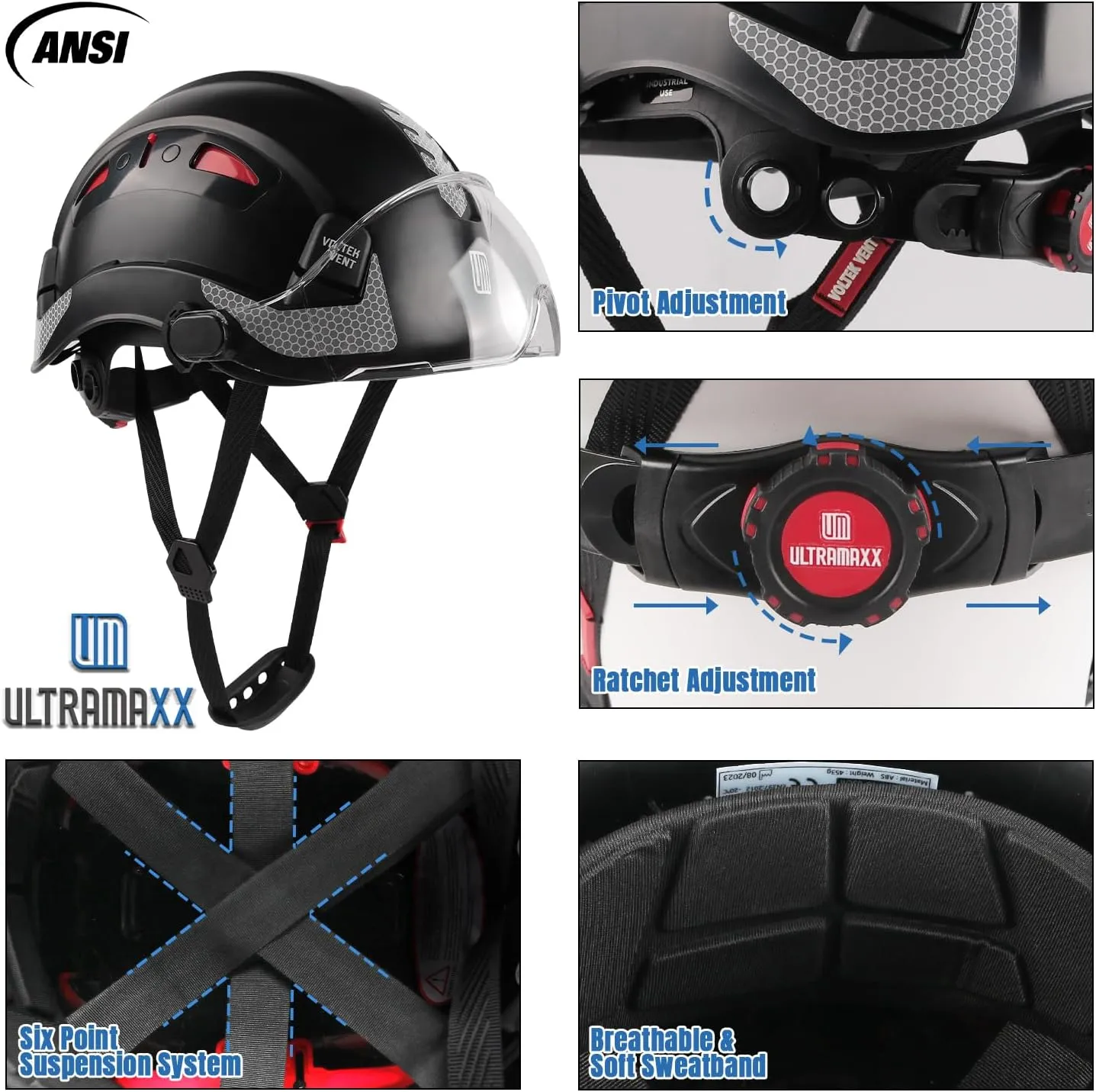 Safety Helmet Hard Hat, ANSI Z89.1 Approved Lightweight Vented Work Helmet, 6-Point Adjustable Ratchet Suspension Hardhat Ideal for Industrial and Construction