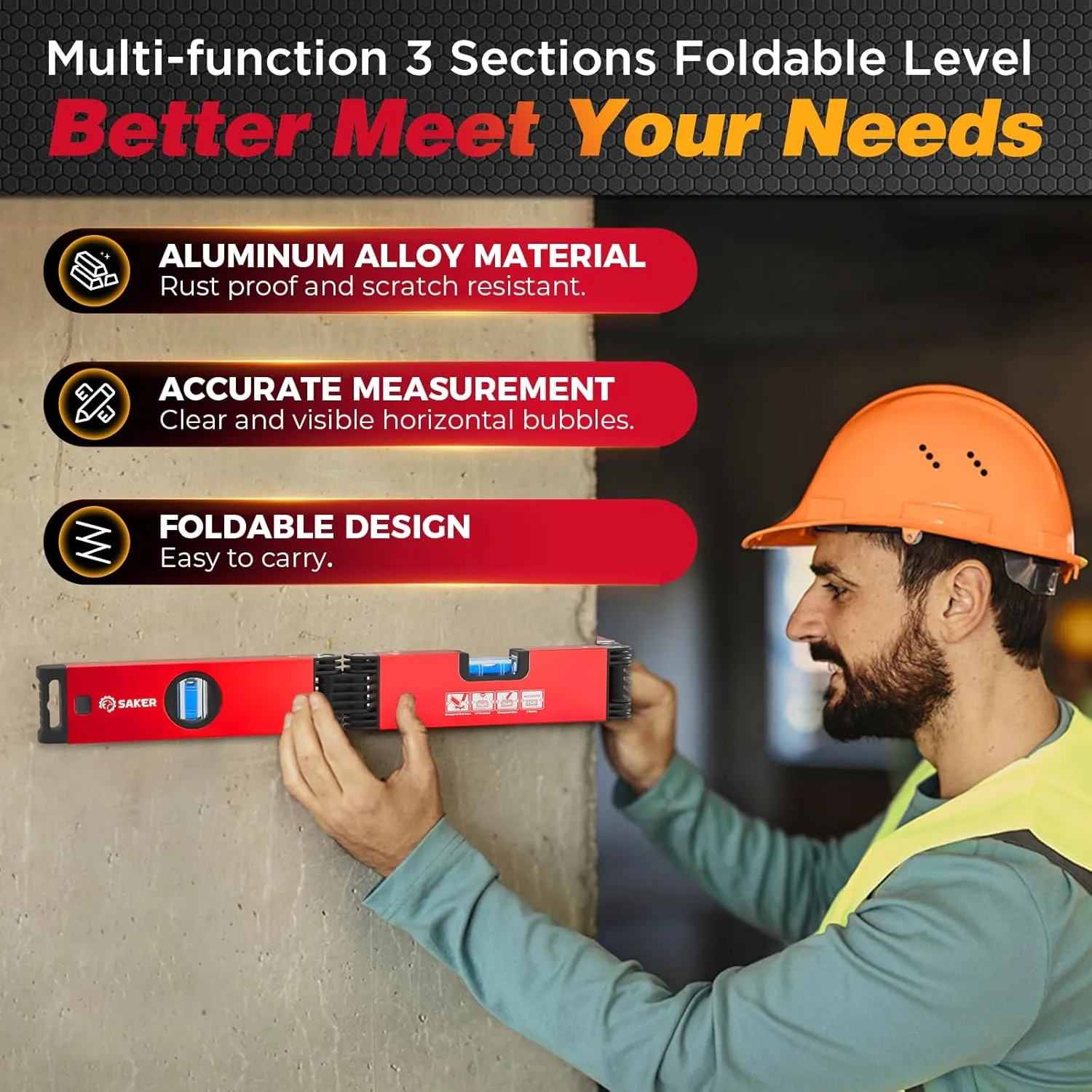 Saker Multi-function Foldable Level, 24-Inch Leveler Tool,Gifts for Men,Multi-Angle Measurement Woodworking Tools,Folding Level Tool for Precise Leveling