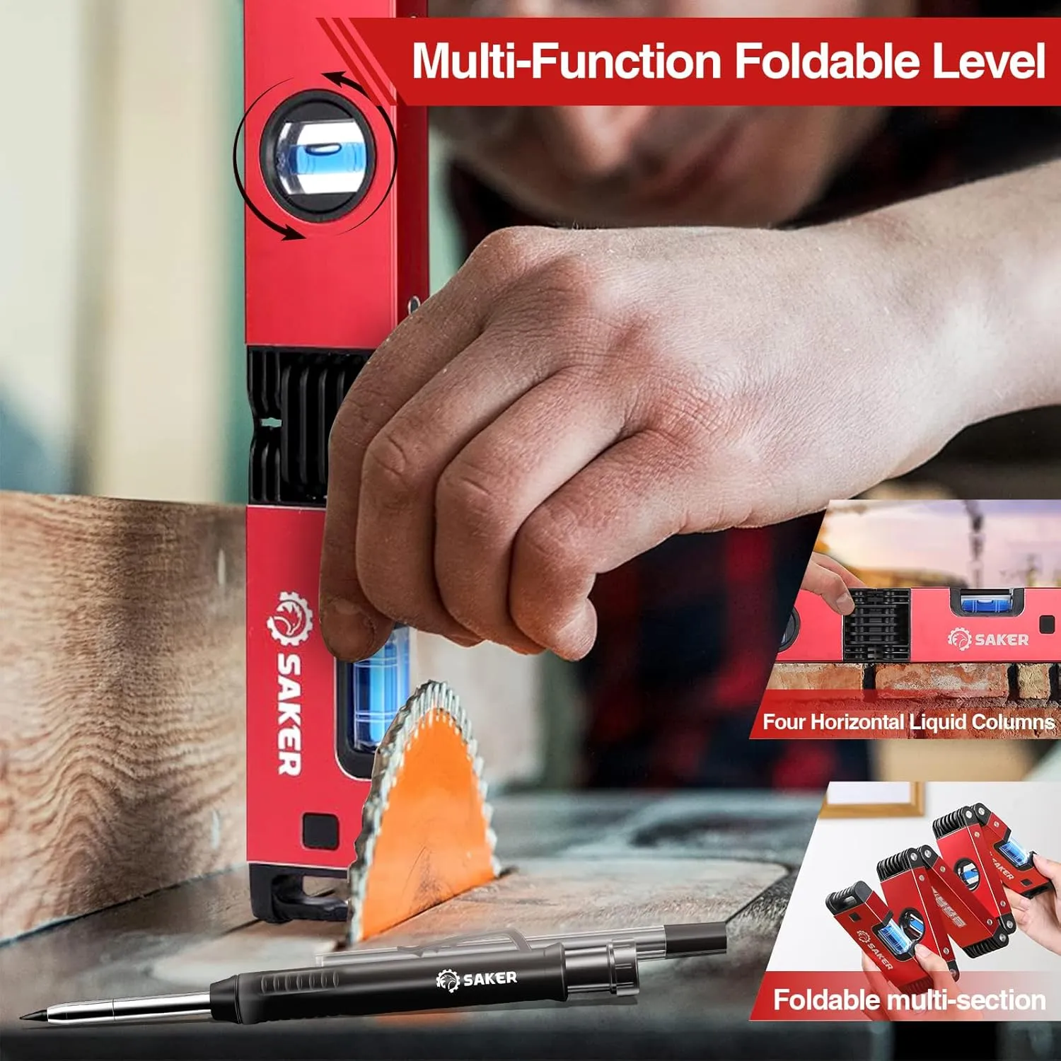 Saker Multi-Function Foldable Level and Deep Hole Pencil Set,Gifts for Men,Perfect Set of Multi-Angle Measurement Woodworking Tools and DIY Woodworking Scribe Gauge Scriber Line Maker Measuring Tool