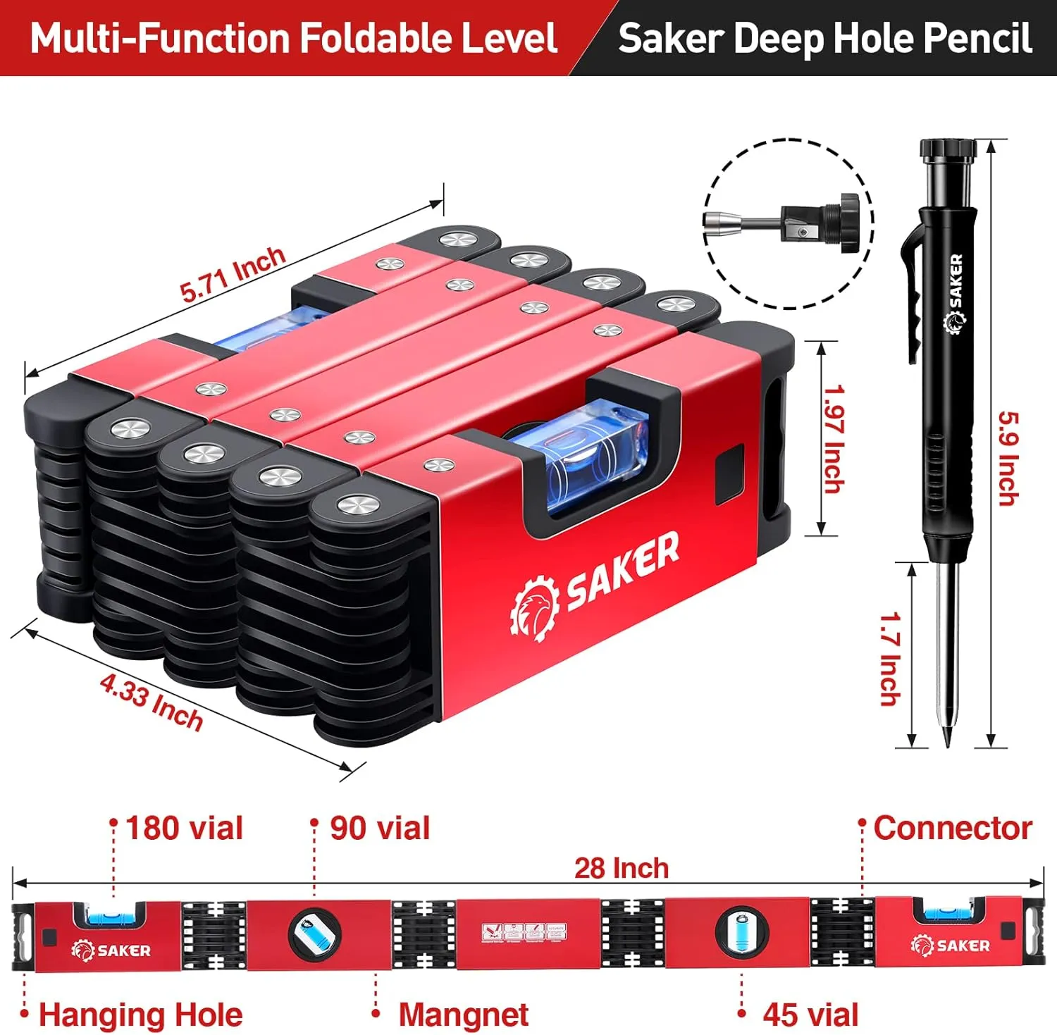 Saker Multi-Function Foldable Level and Deep Hole Pencil Set,Gifts for Men,Perfect Set of Multi-Angle Measurement Woodworking Tools and DIY Woodworking Scribe Gauge Scriber Line Maker Measuring Tool
