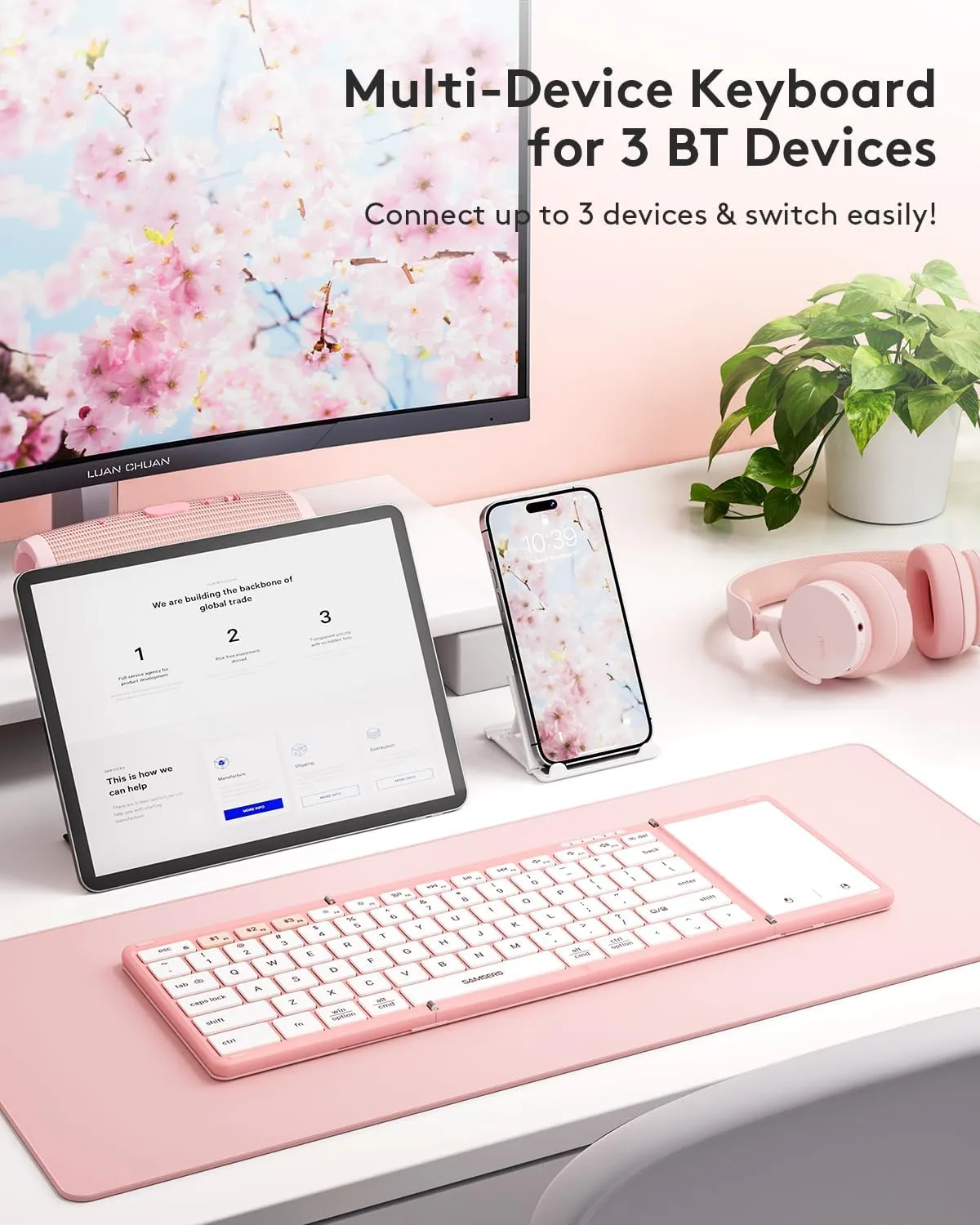 Samsers Foldable Bluetooth Keyboard with Touchpad, Full-Size Wireless Portable Travel Folding Keyboard for iOS Android Windows Mac OS, Support 3 Devices (BT5.1 x 3), Pink