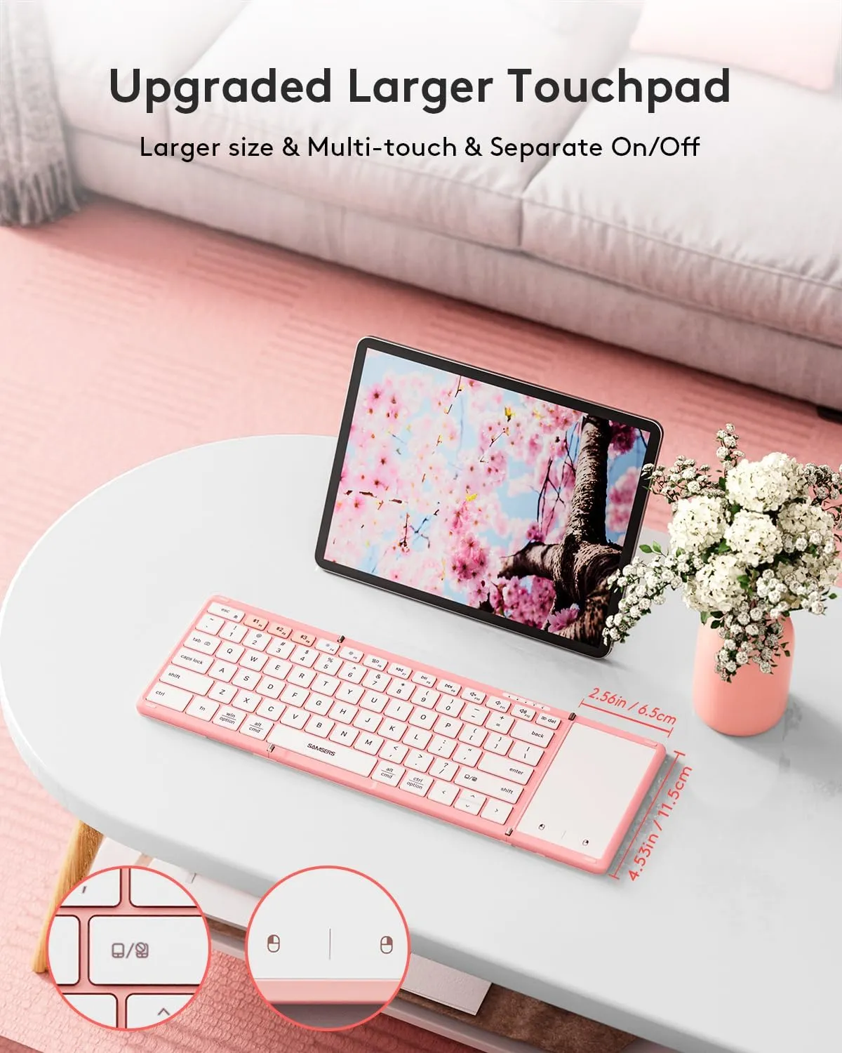 Samsers Foldable Bluetooth Keyboard with Touchpad, Full-Size Wireless Portable Travel Folding Keyboard for iOS Android Windows Mac OS, Support 3 Devices (BT5.1 x 3), Pink