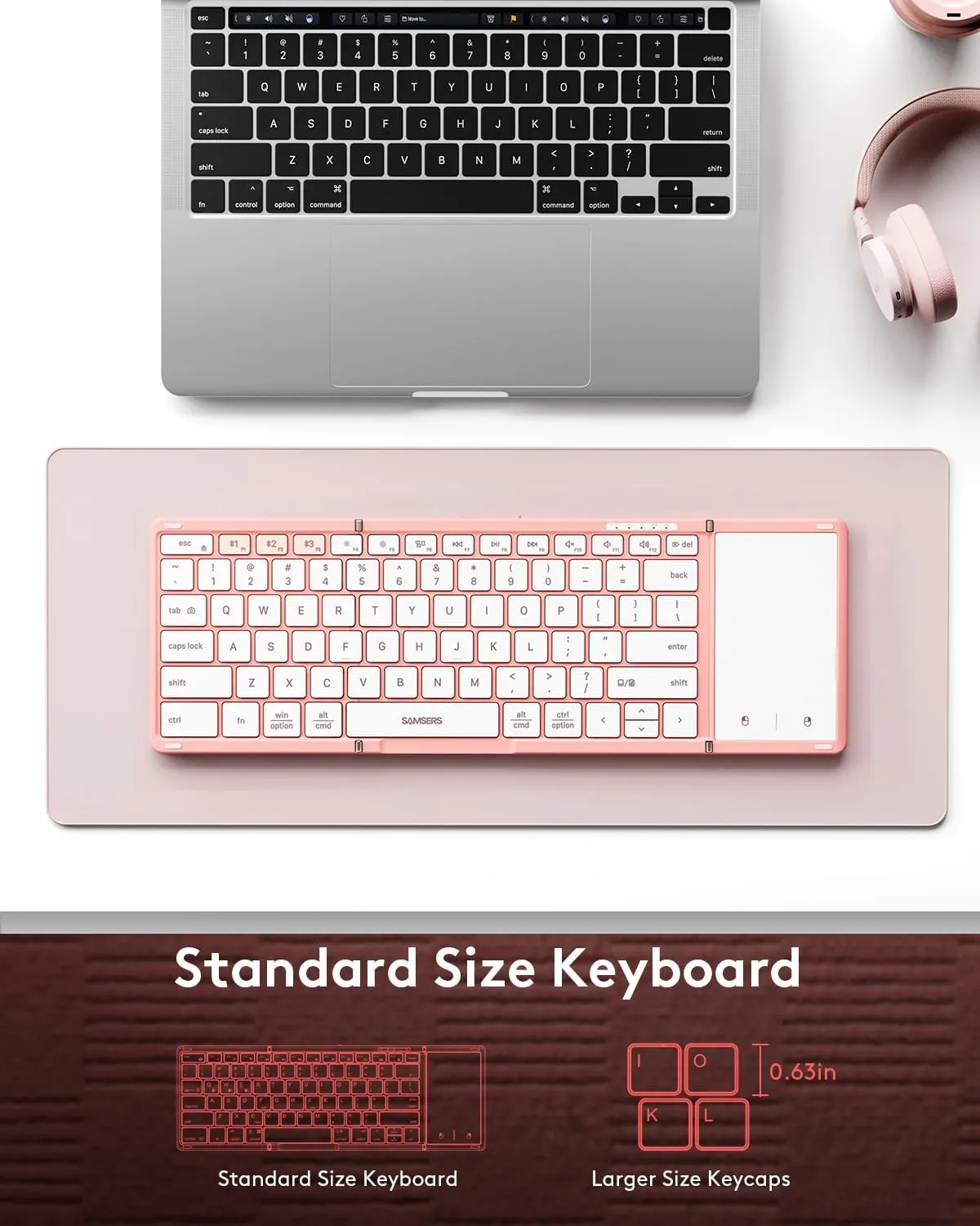 Samsers Foldable Bluetooth Keyboard with Touchpad, Full-Size Wireless Portable Travel Folding Keyboard for iOS Android Windows Mac OS, Support 3 Devices (BT5.1 x 3), Pink