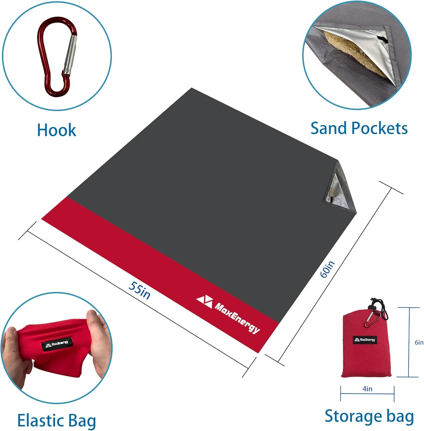 Sandproof Beach Blanket, Waterproof Large & Lightweight Beach Mat & Accessories, for Hiking, Picnic, Travel, Camping. (Gray Red 55in*60in)