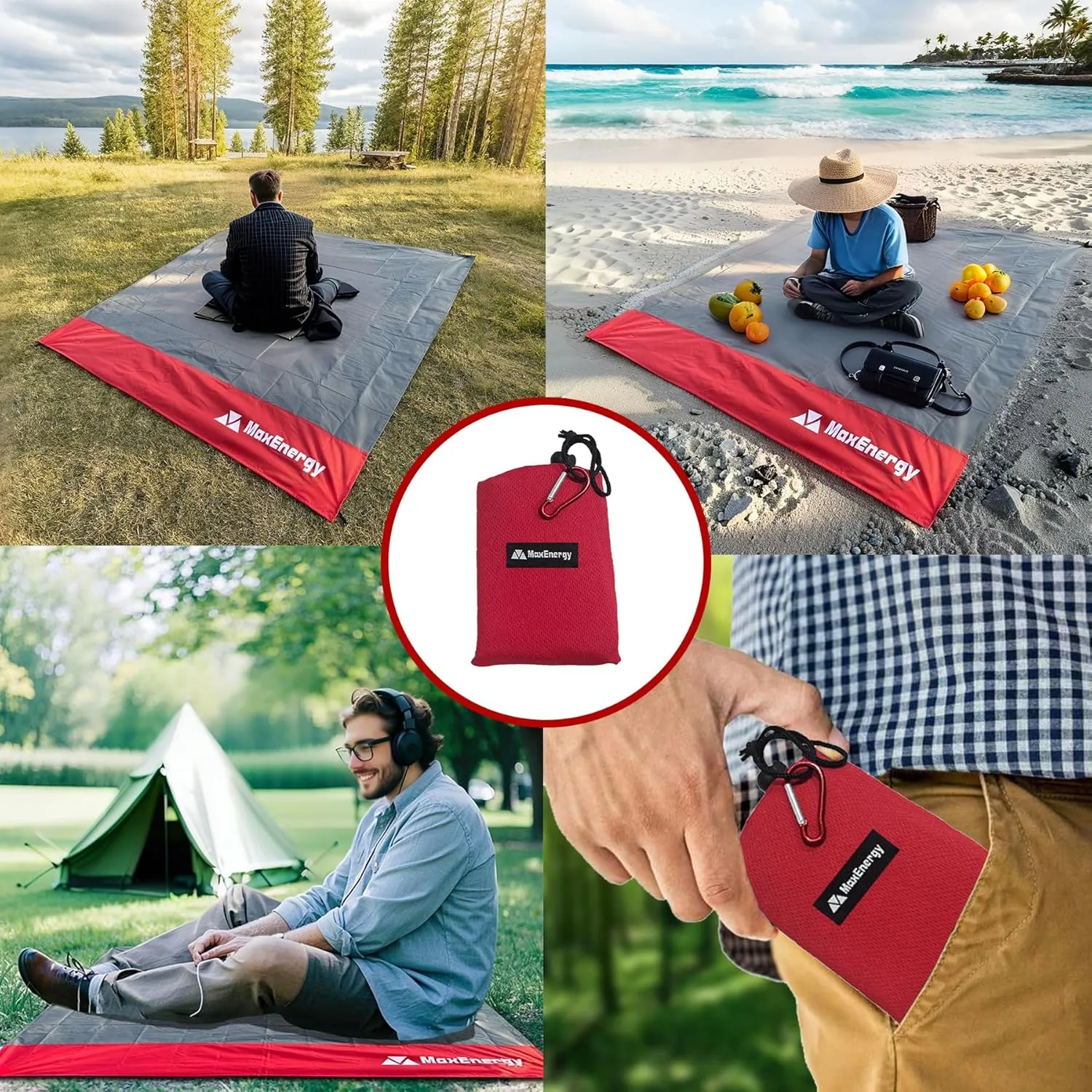 Sandproof Beach Blanket, Waterproof Large & Lightweight Beach Mat & Accessories, for Hiking, Picnic, Travel, Camping. (Gray Red 55in*60in)