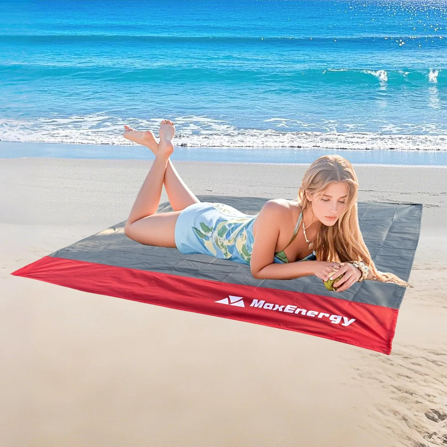 Sandproof Beach Blanket, Waterproof Large & Lightweight Beach Mat & Accessories, for Hiking, Picnic, Travel, Camping. (Gray Red 55in*60in)