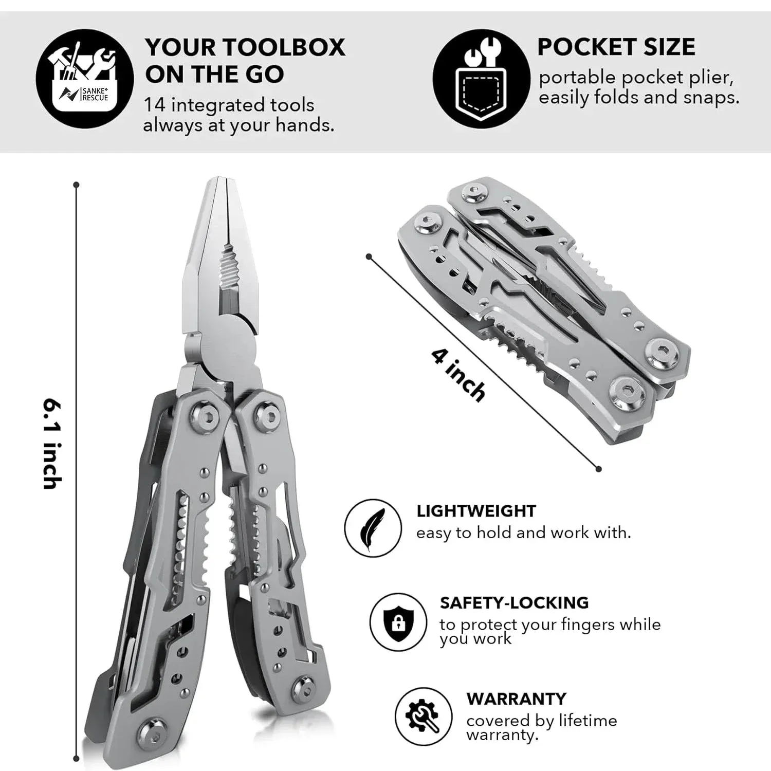SANKE RESCUE 14-in-1 Multi-Tool Folding Knife and Pliers for Camping and Survival