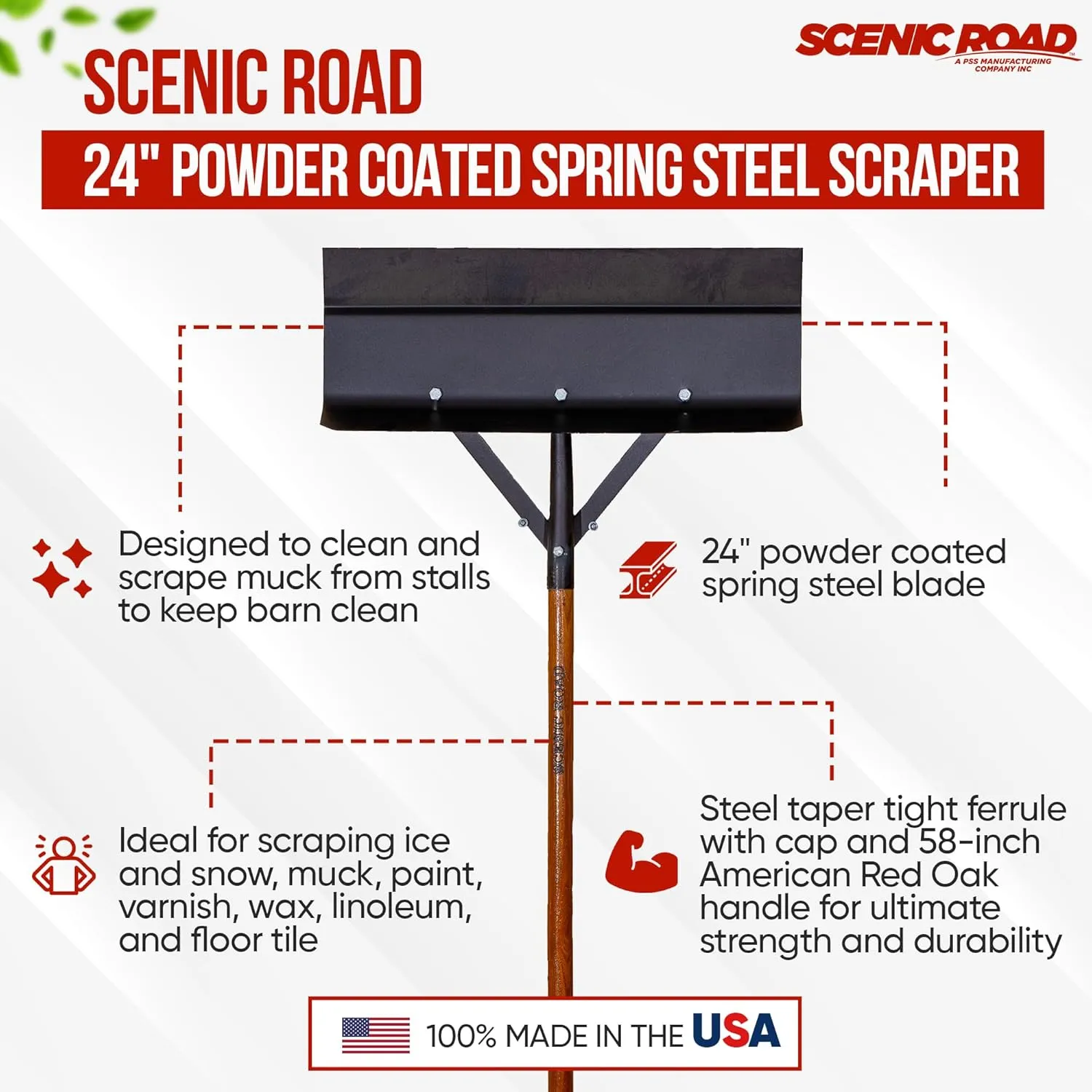 SCENIC ROAD Farm and Ranch Scraper - Durable Steel Construction, 24-inch Spring Steel Blade, Powder Coated - Ideal for Horse Stall Maintenance, Snow and Ice