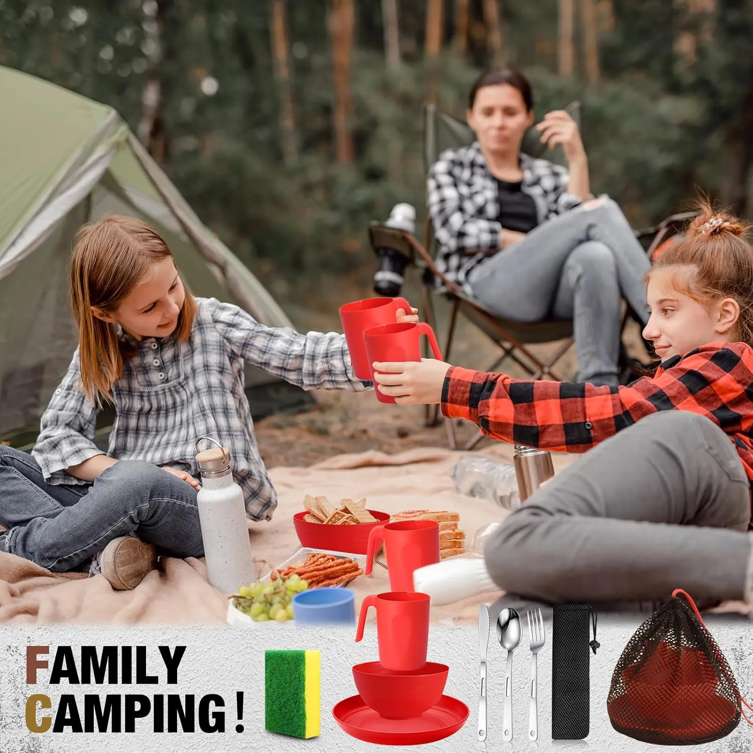 Scout Camping Mess Kit for 1 Person Boy Scout Dishes Set Girl Scout Mess Kit with Mesh Bag Reusable Light Weight Eating Utensils Plastic Camping Cutlery Set for Travel Camp