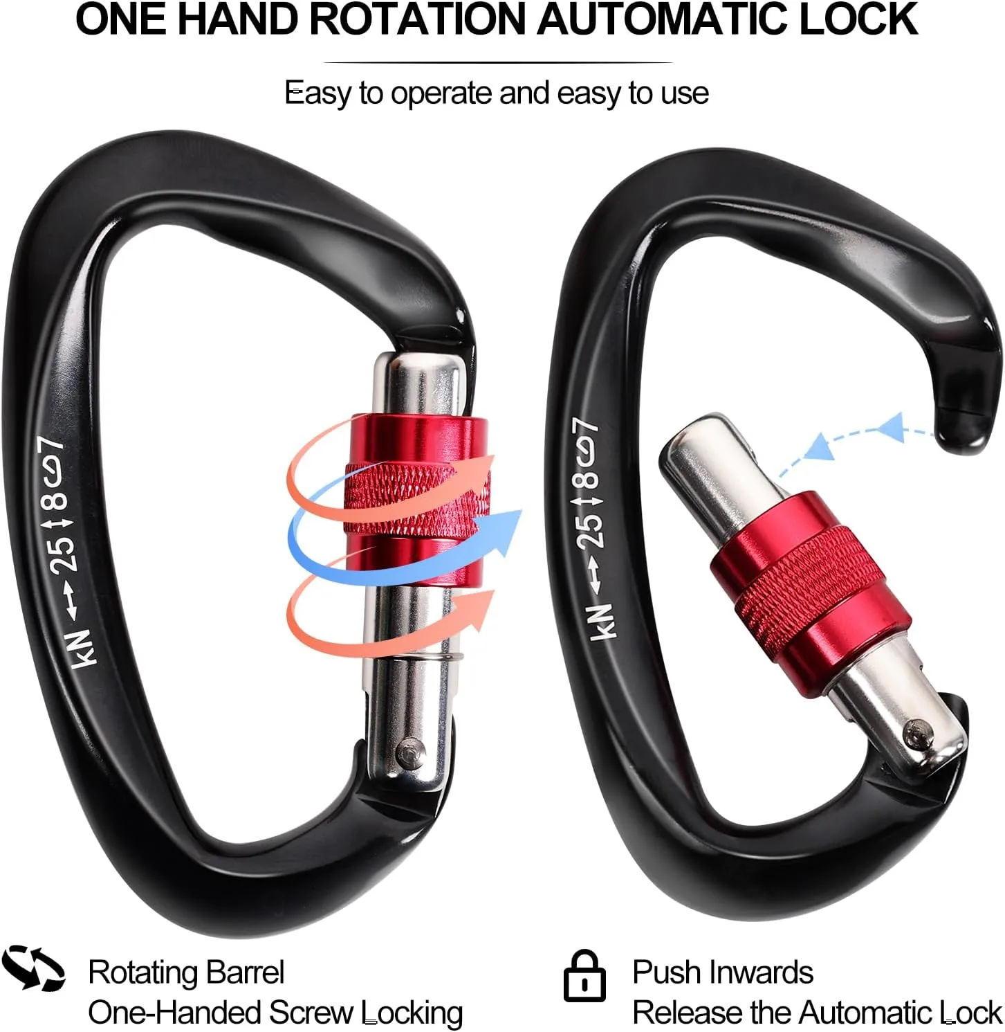 Screwgate Climbing Carabiner Clips 24/25KN Auto Locking Heavy Duty Carabiner Clip, Fit for Rock Climbing, Rappelling, Rescue, Hammock, Aerial Work, Camping, Dog Leash etc