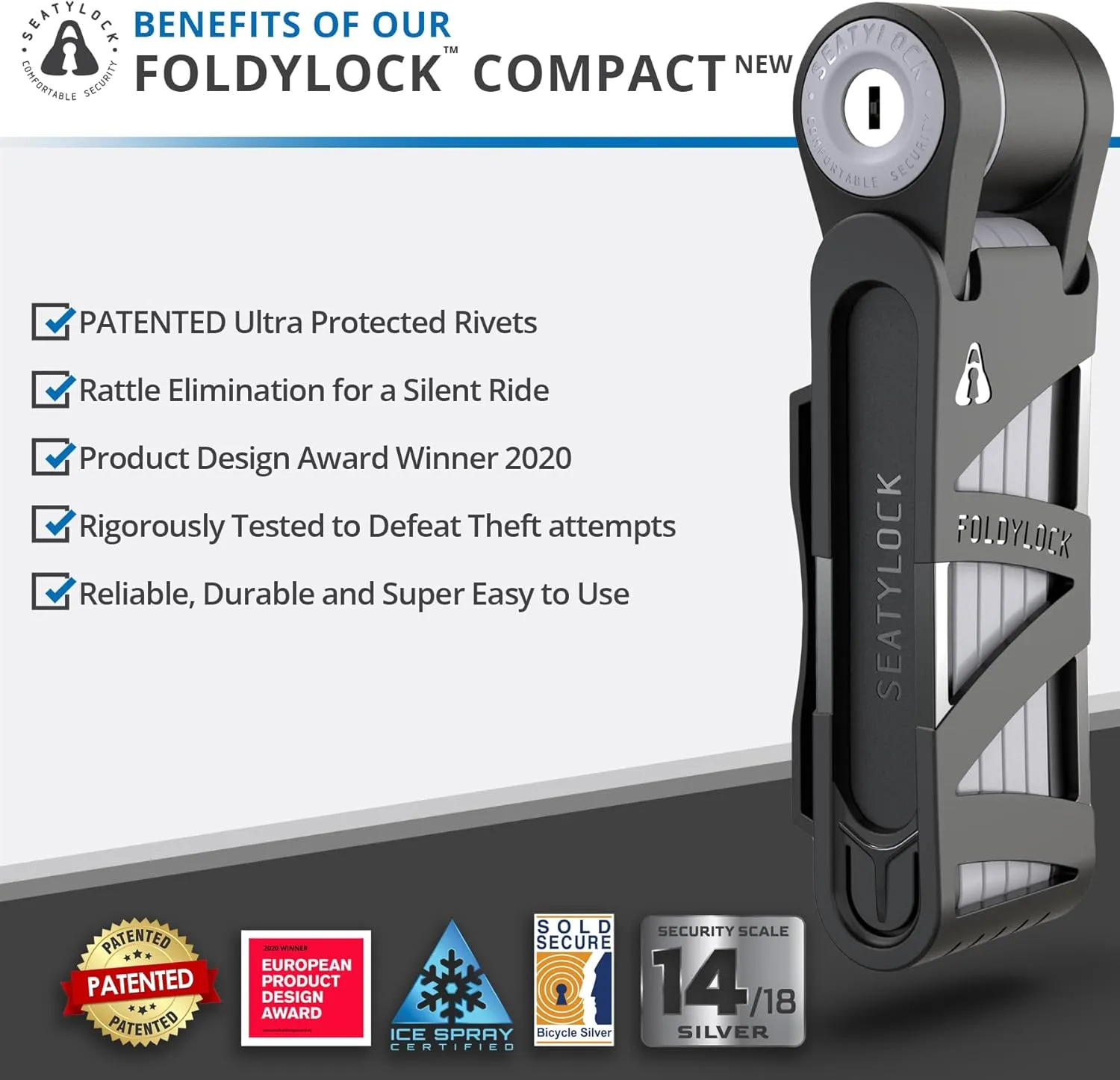 Seatylock FoldyLock Compact Folding Bike Lock - Award Winning Patented Lightweight High Security Bicycle Lock - Heavy Duty Anti Theft Smart Secure Guard with Keys & Case for Bikes or Scooters