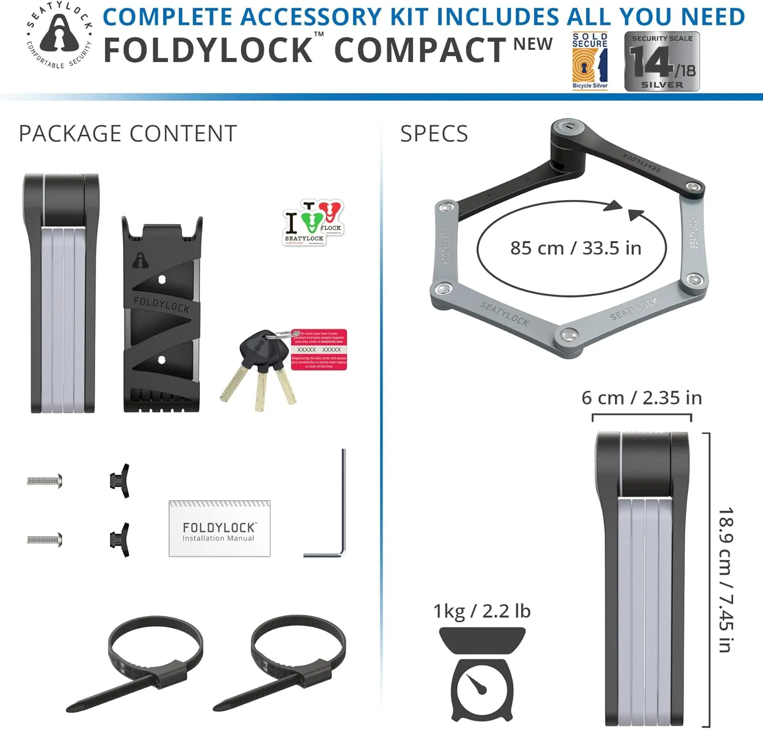 Seatylock FoldyLock Compact Folding Bike Lock - Award Winning Patented Lightweight High Security Bicycle Lock - Heavy Duty Anti Theft Smart Secure Guard with Keys & Case for Bikes or Scooters