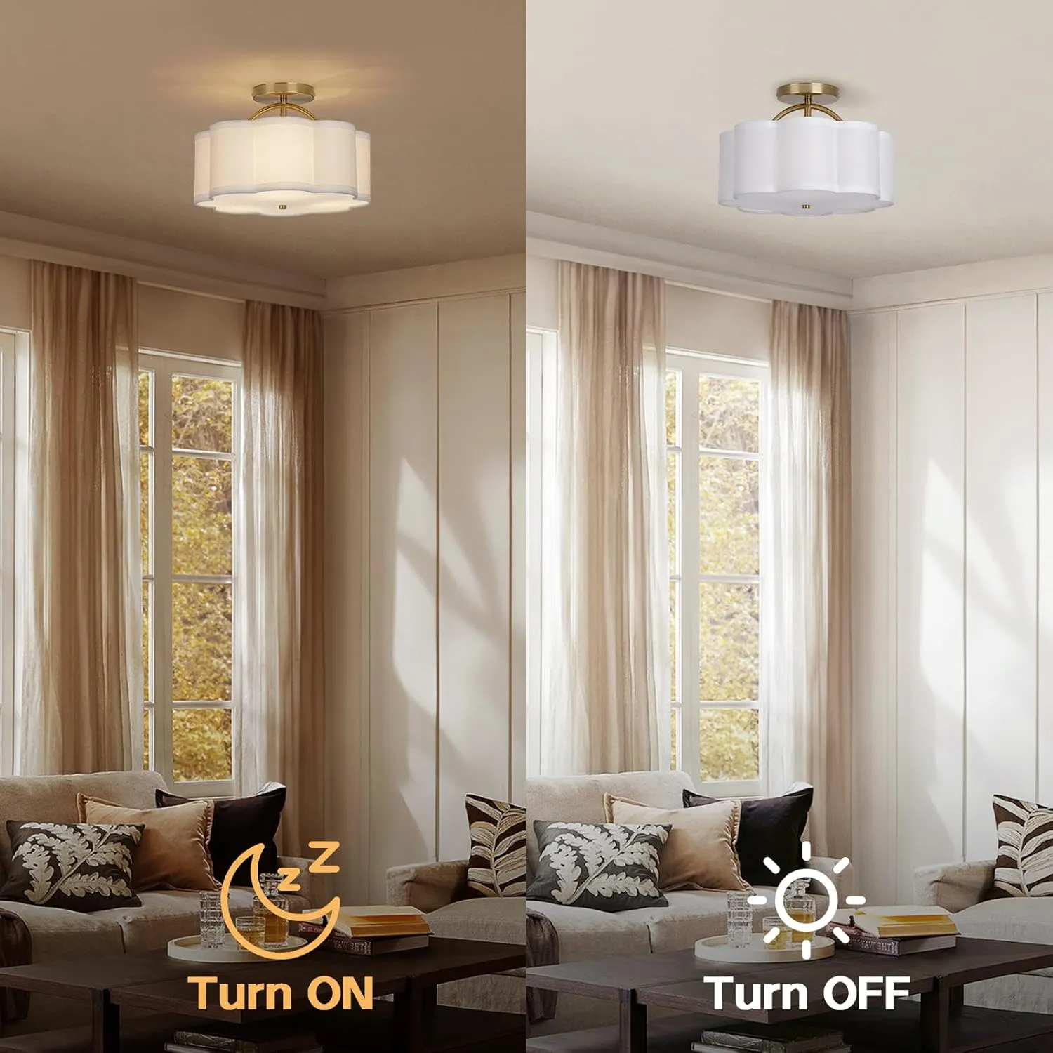 Semi Flush Mount Ceiling Light, 11.8" Modern 3-Light Fixture with Petal-Shaped Cream White Fabric Shade and Golden Support Arm, Ideal for Bedroom, Kitchen, Living Room, Hallway, and Entryway