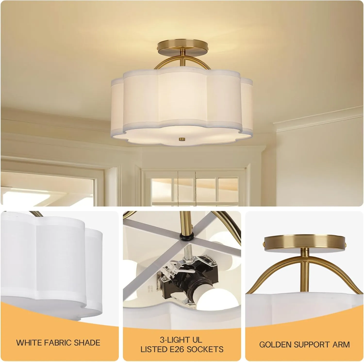 Semi Flush Mount Ceiling Light, 11.8" Modern 3-Light Fixture with Petal-Shaped Cream White Fabric Shade and Golden Support Arm, Ideal for Bedroom, Kitchen, Living Room, Hallway, and Entryway