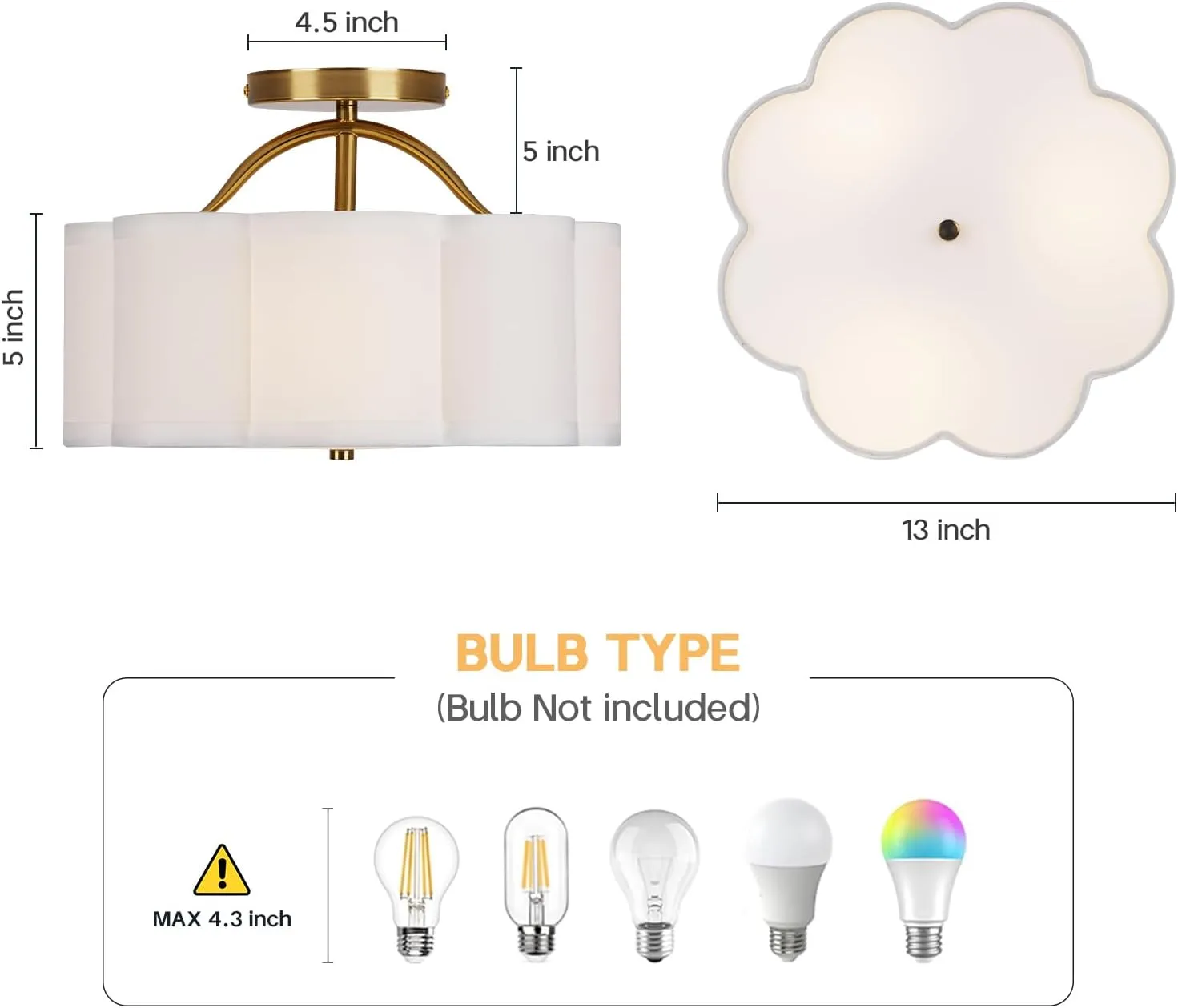 Semi Flush Mount Ceiling Light, 11.8" Modern 3-Light Fixture with Petal-Shaped Cream White Fabric Shade and Golden Support Arm, Ideal for Bedroom, Kitchen, Living Room, Hallway, and Entryway