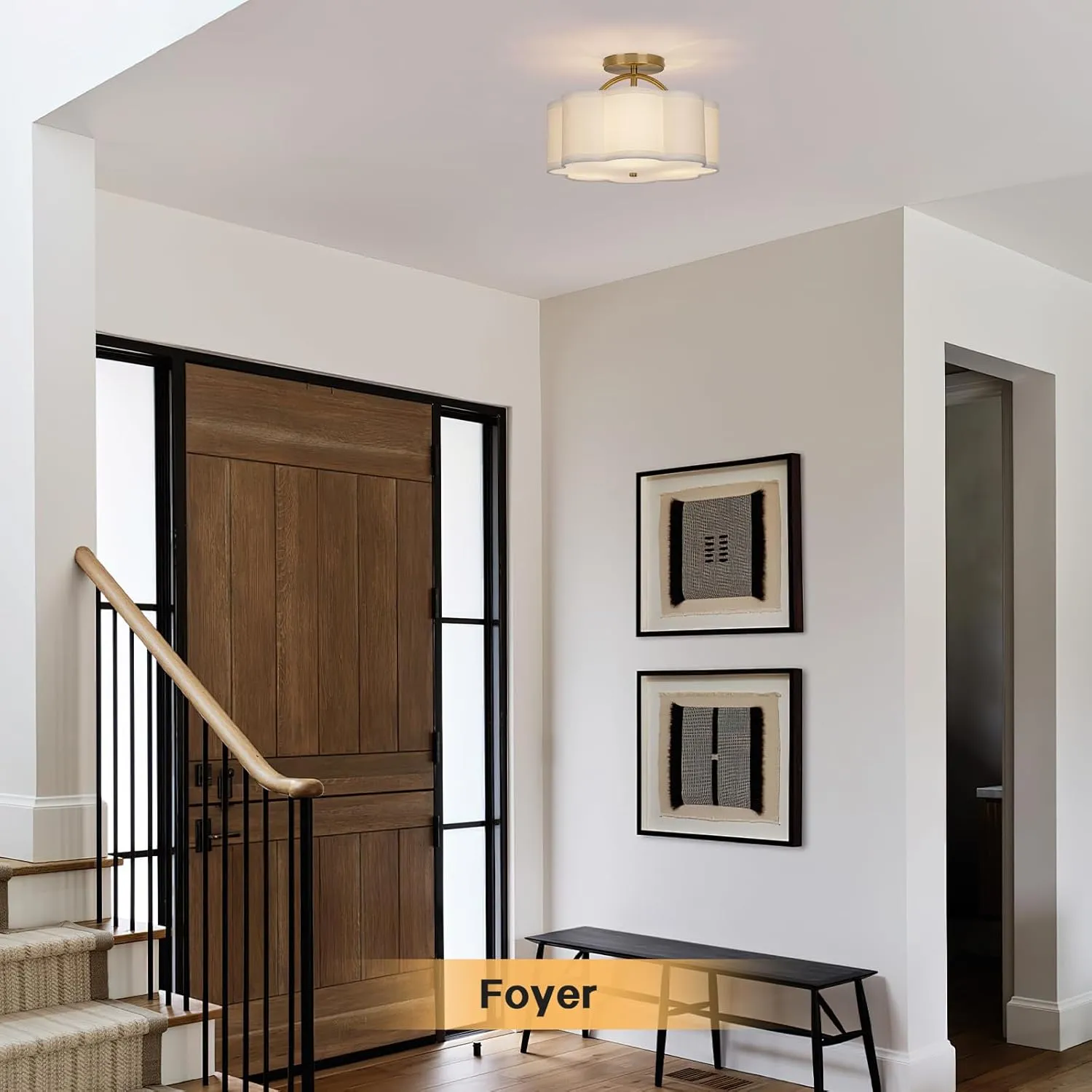 Semi Flush Mount Ceiling Light, 11.8" Modern 3-Light Fixture with Petal-Shaped Cream White Fabric Shade and Golden Support Arm, Ideal for Bedroom, Kitchen, Living Room, Hallway, and Entryway