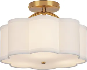 Semi Flush Mount Ceiling Light, 11.8" Modern 3-Light Fixture with Petal-Shaped Cream White Fabric Shade and Golden Support Arm, Ideal for Bedroom, Kitchen, Living Room, Hallway, and Entryway