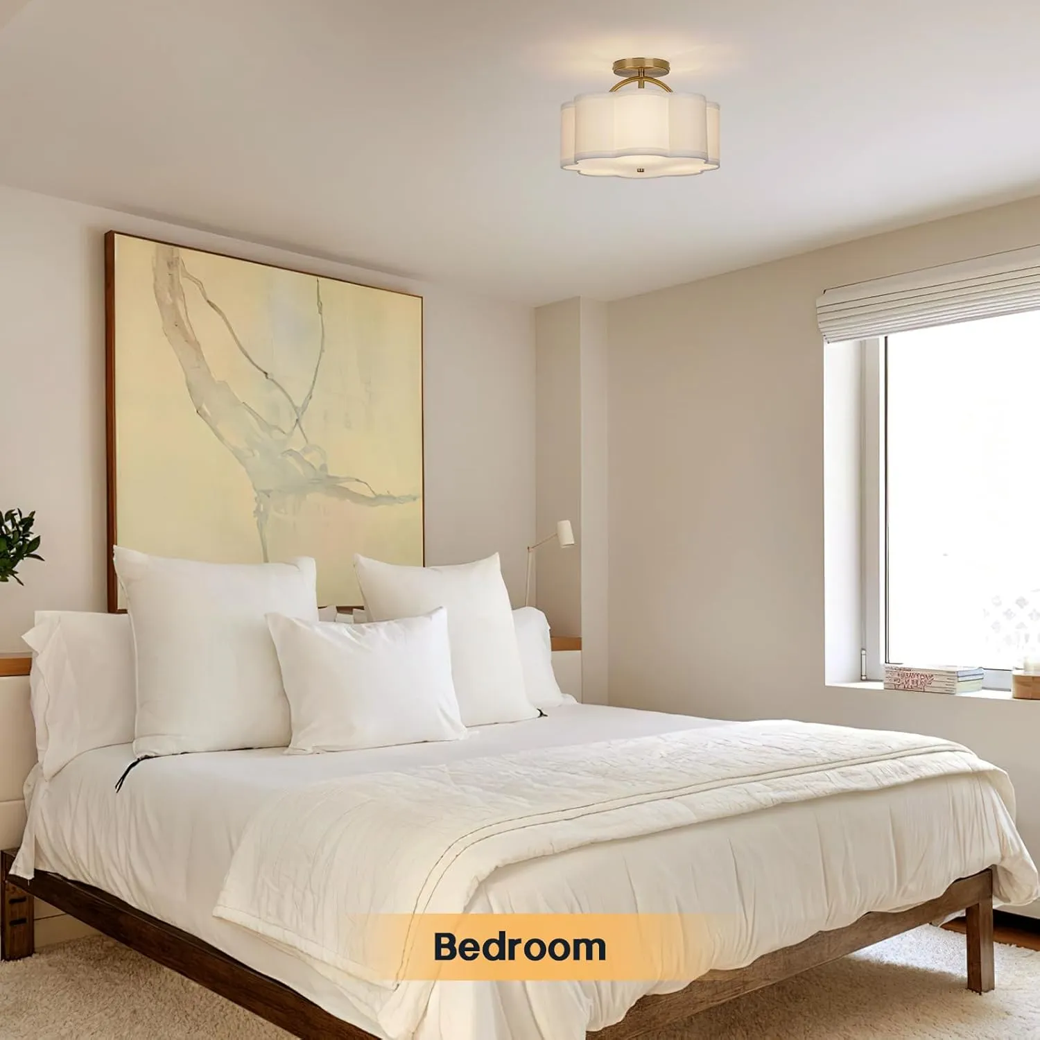 Semi Flush Mount Ceiling Light, 11.8" Modern 3-Light Fixture with Petal-Shaped Cream White Fabric Shade and Golden Support Arm, Ideal for Bedroom, Kitchen, Living Room, Hallway, and Entryway